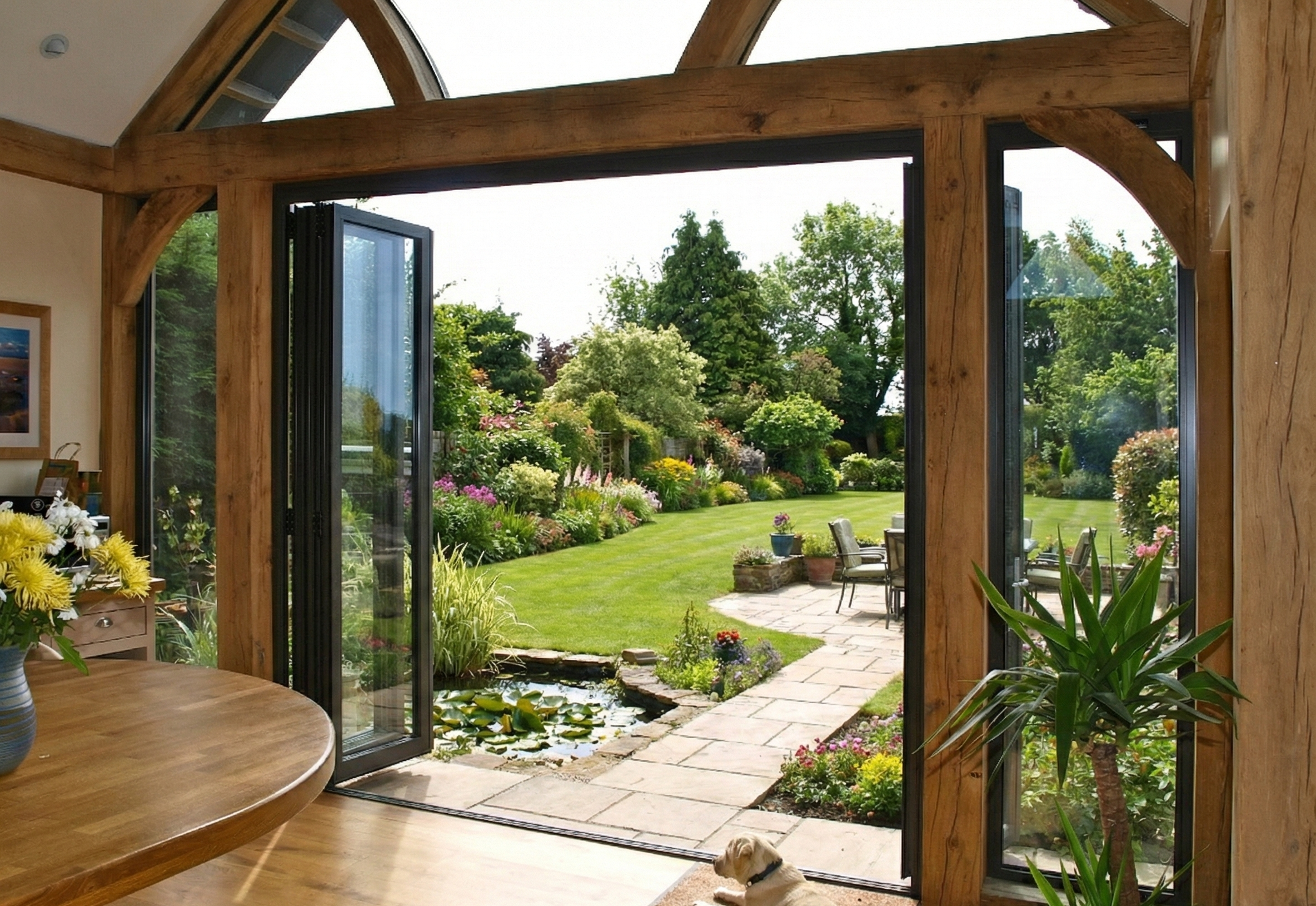 View of a lush, green backyard garden through open folding glass doors from inside a house with a wooden interior. The garden features a small pond with water lilies, a paved patio with outdoor seating, vibrant flowering plants, and tall trees.