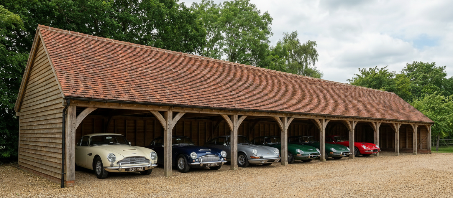 Six vintage classic cars parked inside a large, open-fronted oak framed carriage house or carport.