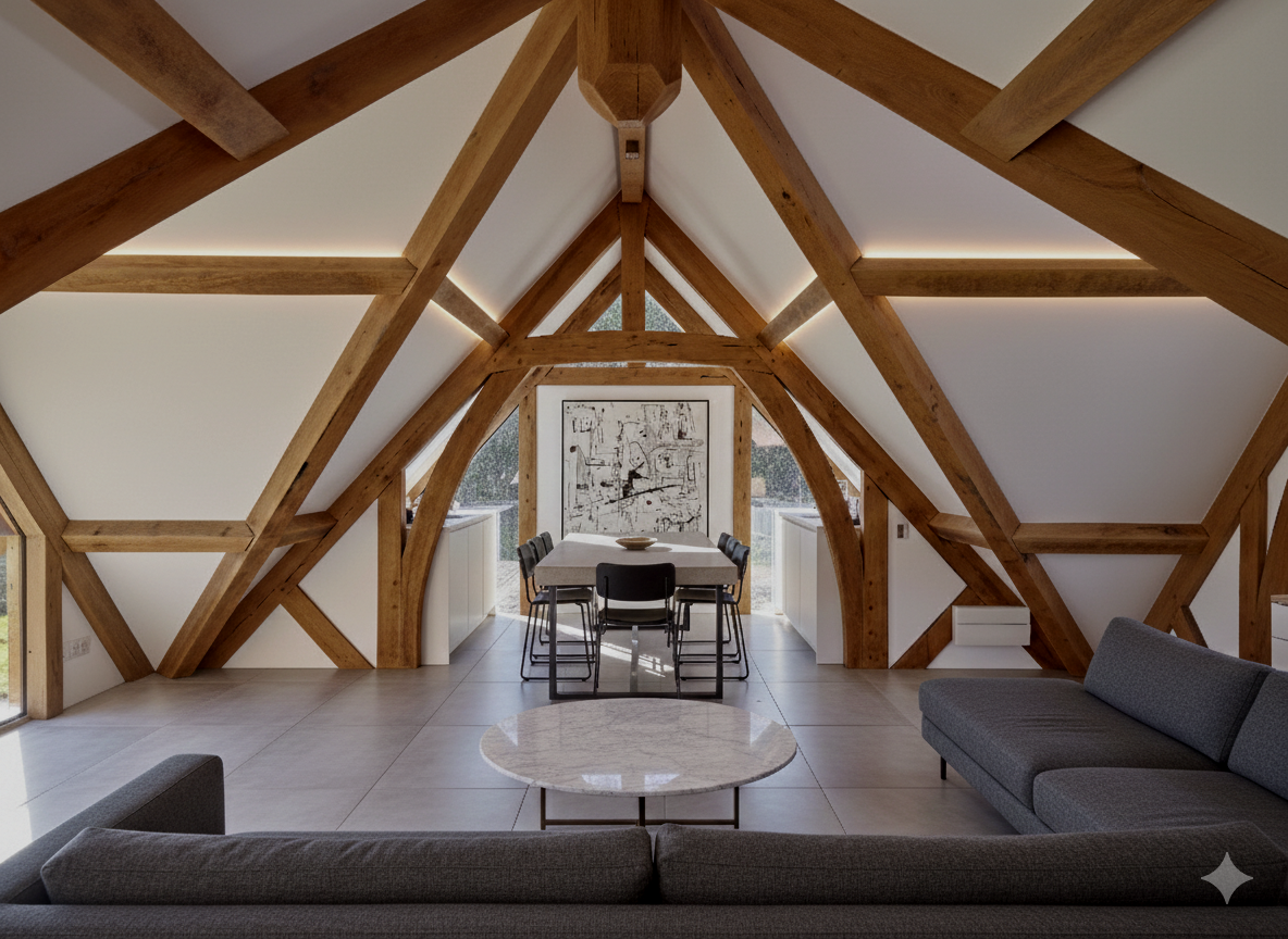 Interior view of an oak A frame building, a gray sofa, a circular coffee table, and a dining area with a table and chairs, with a large abstract painting on the wall and windows allowing natural light.