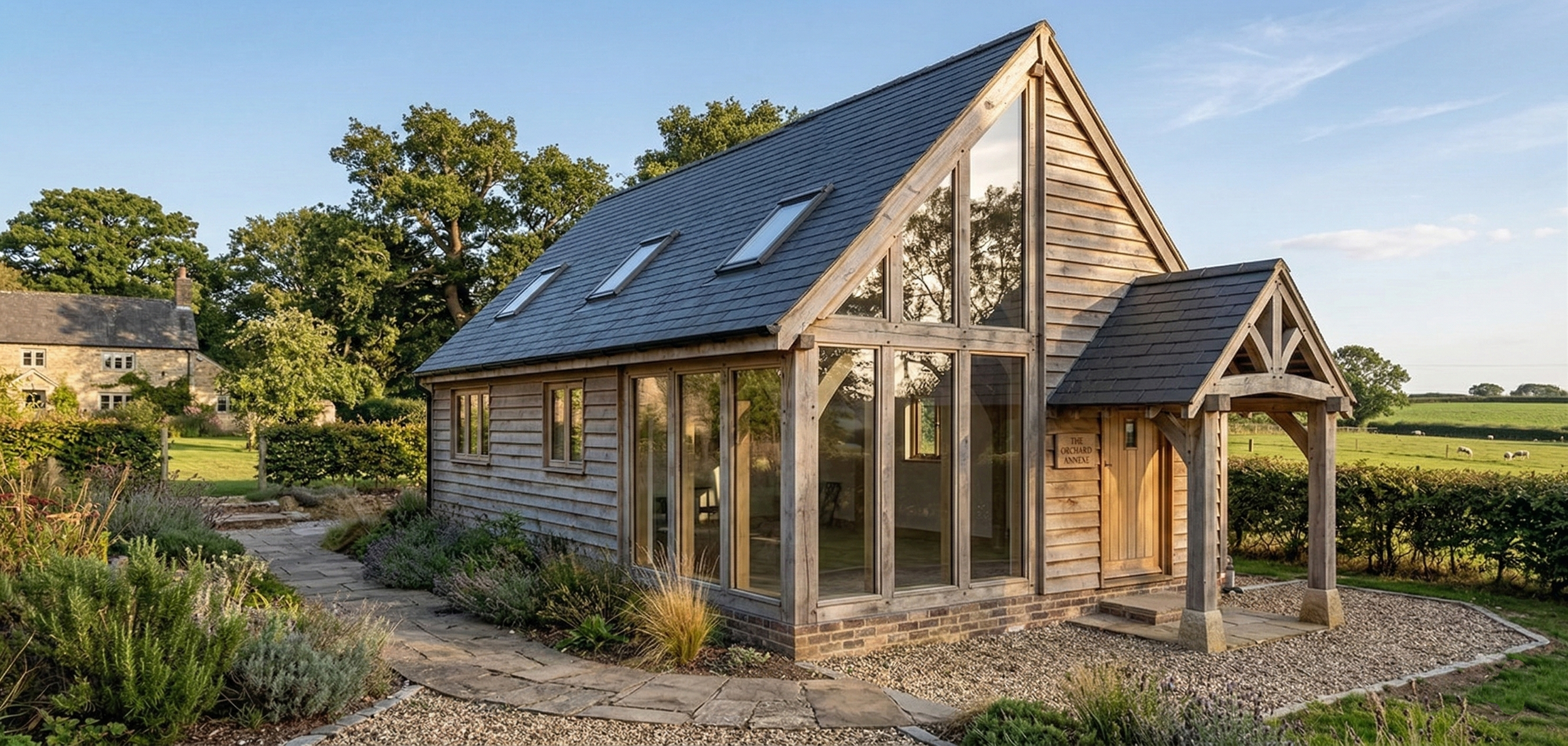 A half-glazed bespoke oak annexe providing a bright and airy additional living space.