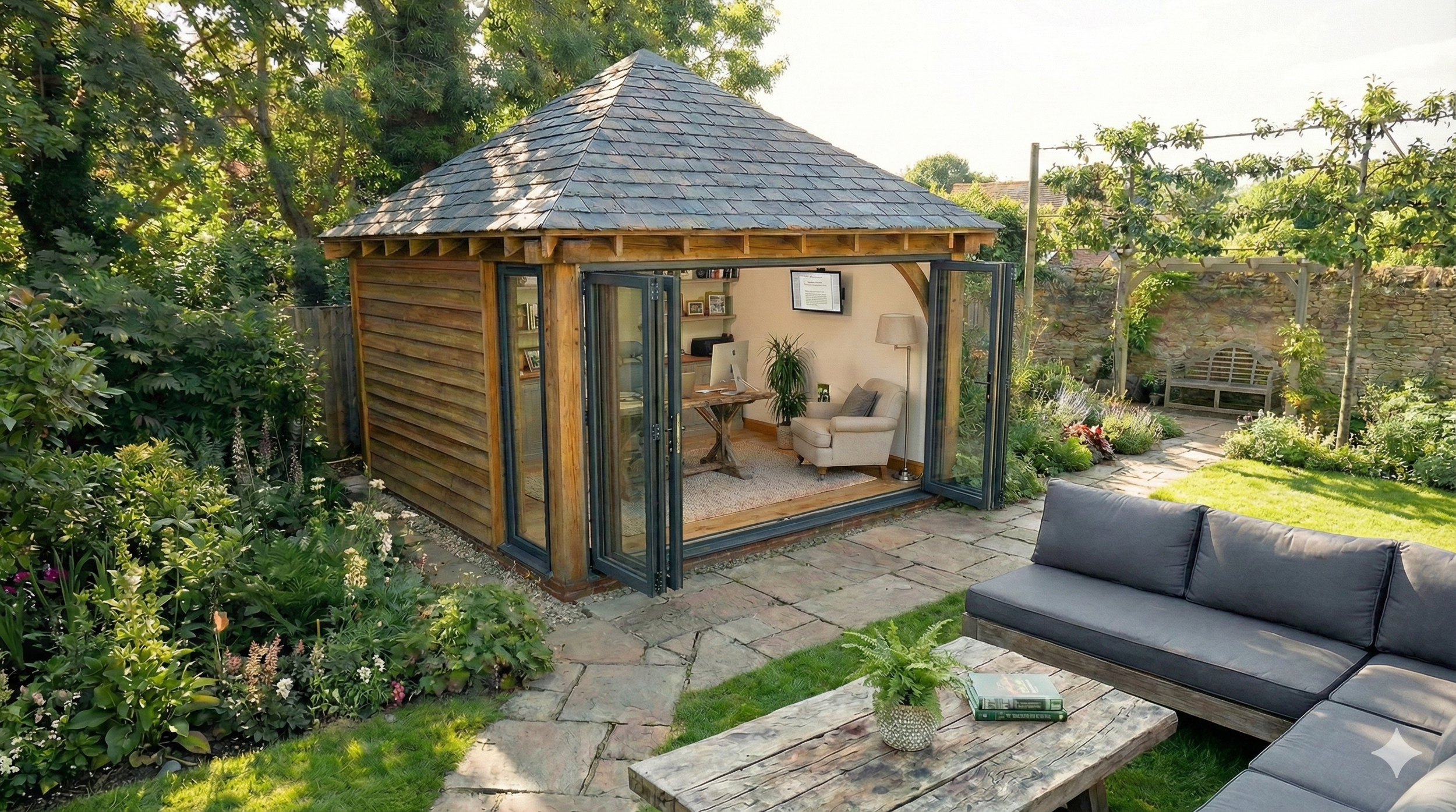 A cozy garden room with open glass doors, surrounded by lush greenery, an outdoor sofa, and a rustic wooden coffee table with a plant and books.