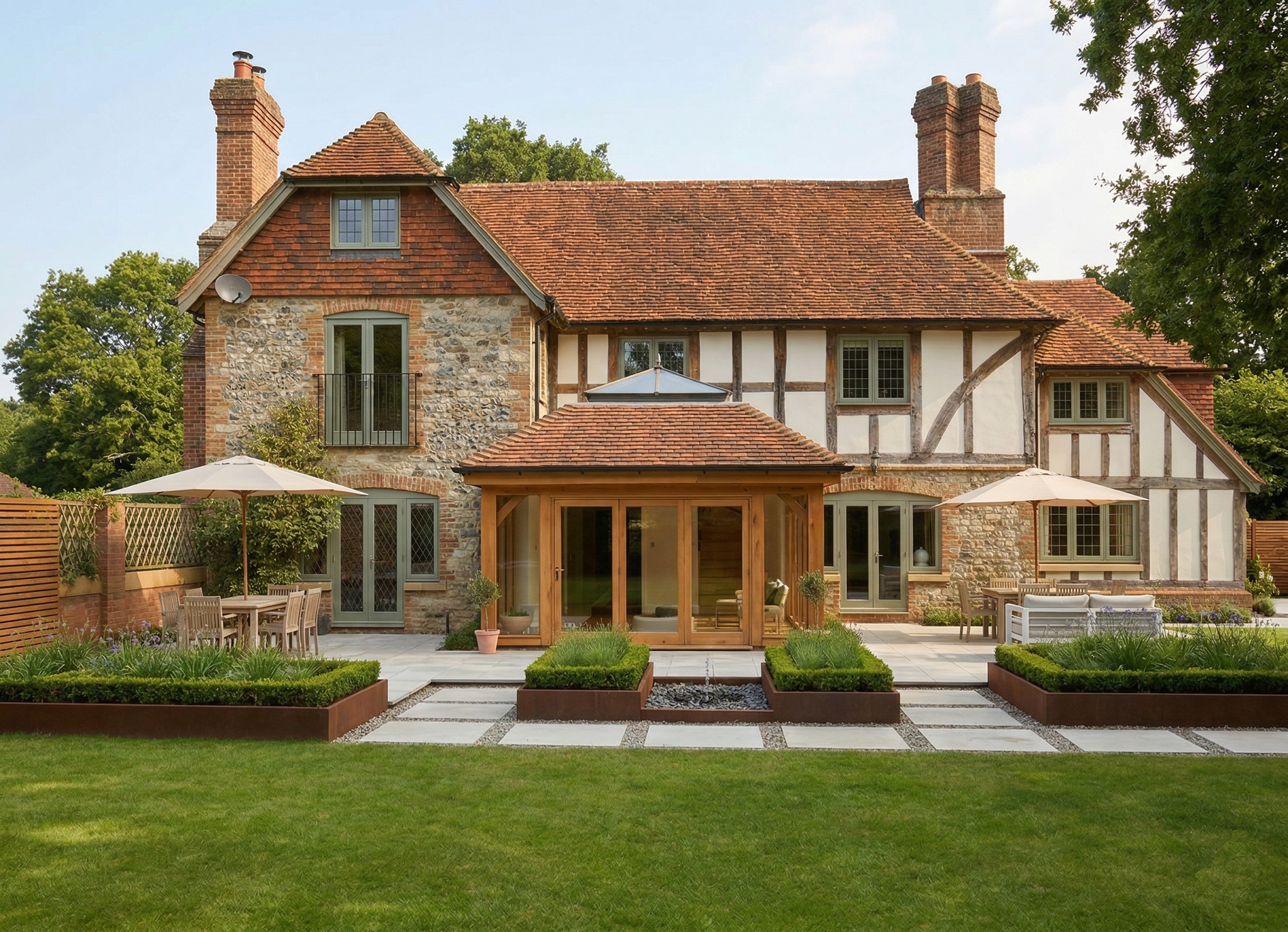 A luxury bespoke oak orangery extension on the outskirts of Taunton, featuring traditional timber framing.