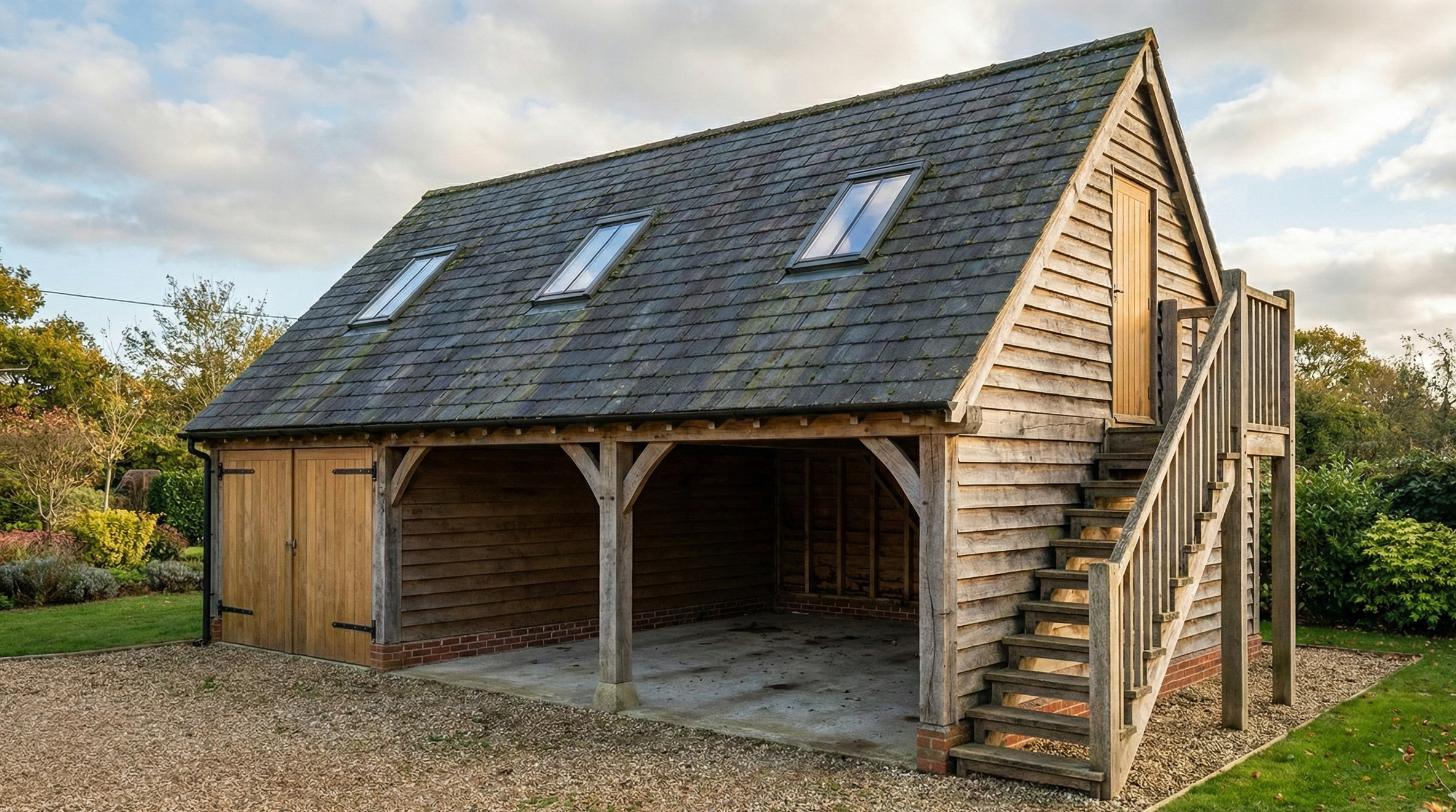 Three-bay oak garage with a functional room above and a single integrated oak personnel door.