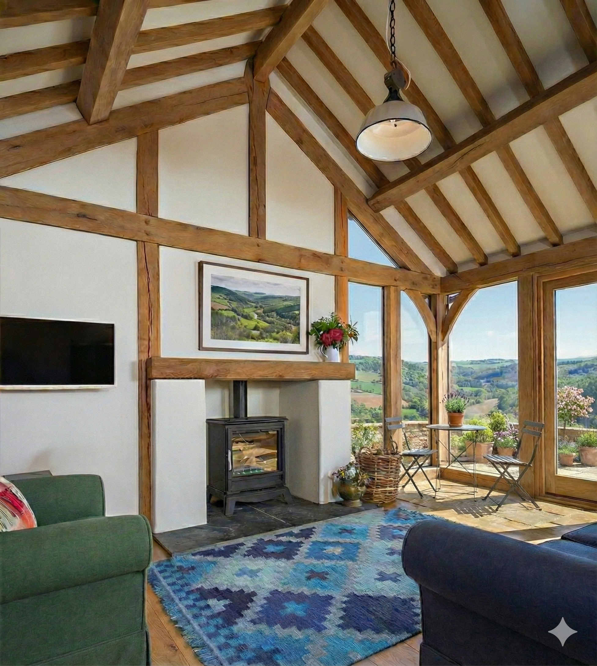 Living room with exposed wooden beams, a fireplace, a green armchair, a patterned rug, a wall-mounted TV, a painting above the fireplace, and large windows showing a scenic landscape with green hills and blue sky.