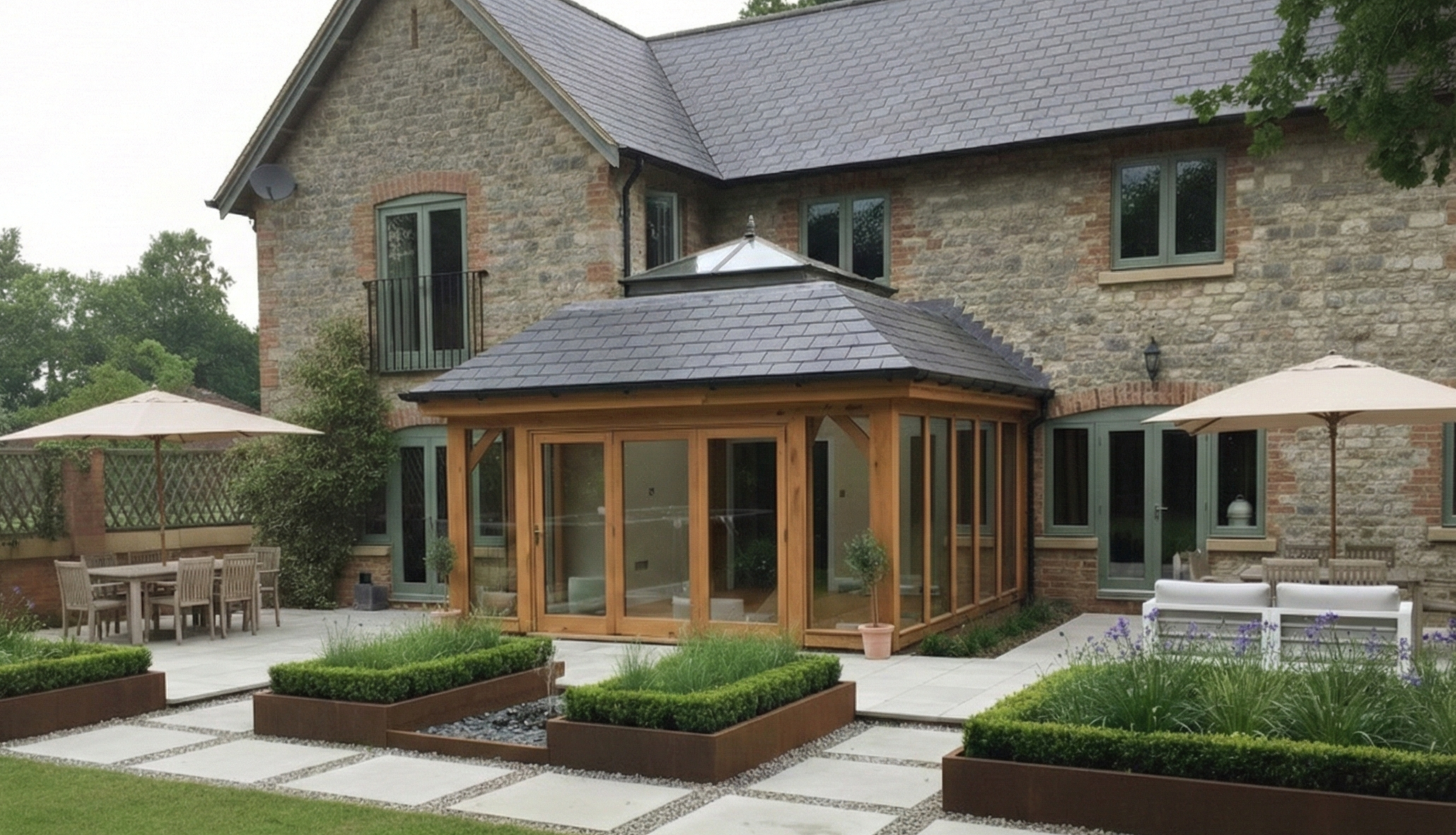 Backyard patio with wooden and glass conservatory, outdoor dining areas with umbrellas, landscaped garden with flower beds, green grass, and stone pathways, adjacent to a stone house with multiple windows.