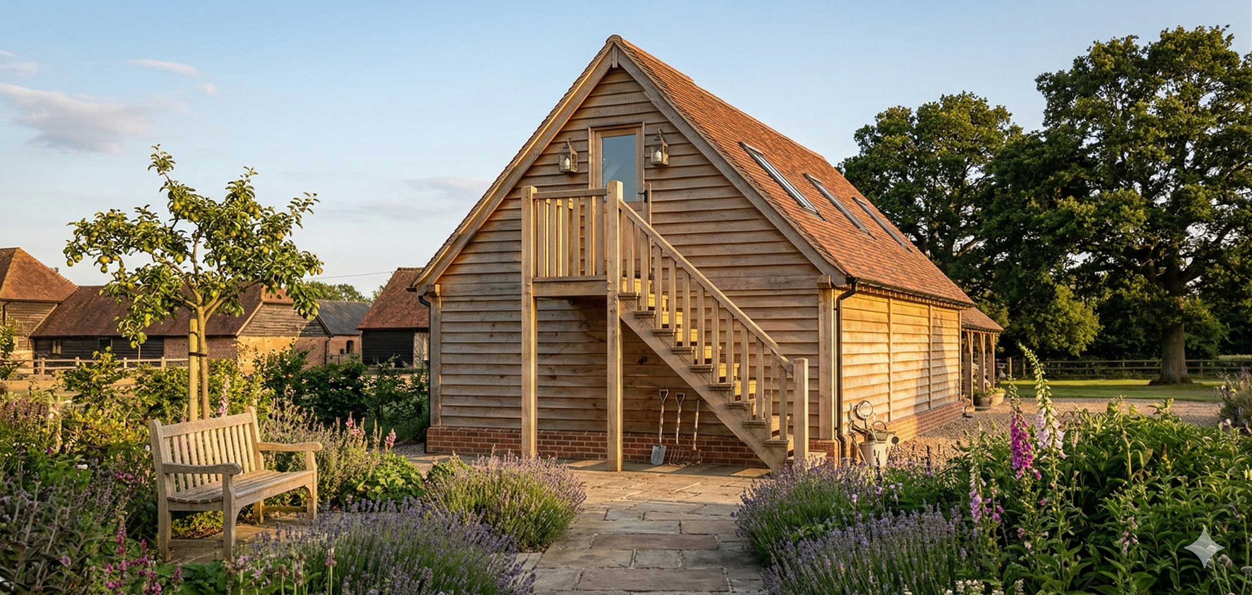 A wooden house with an outdoor staircase in a garden, surrounded by plants and flowers, and other houses in the background.