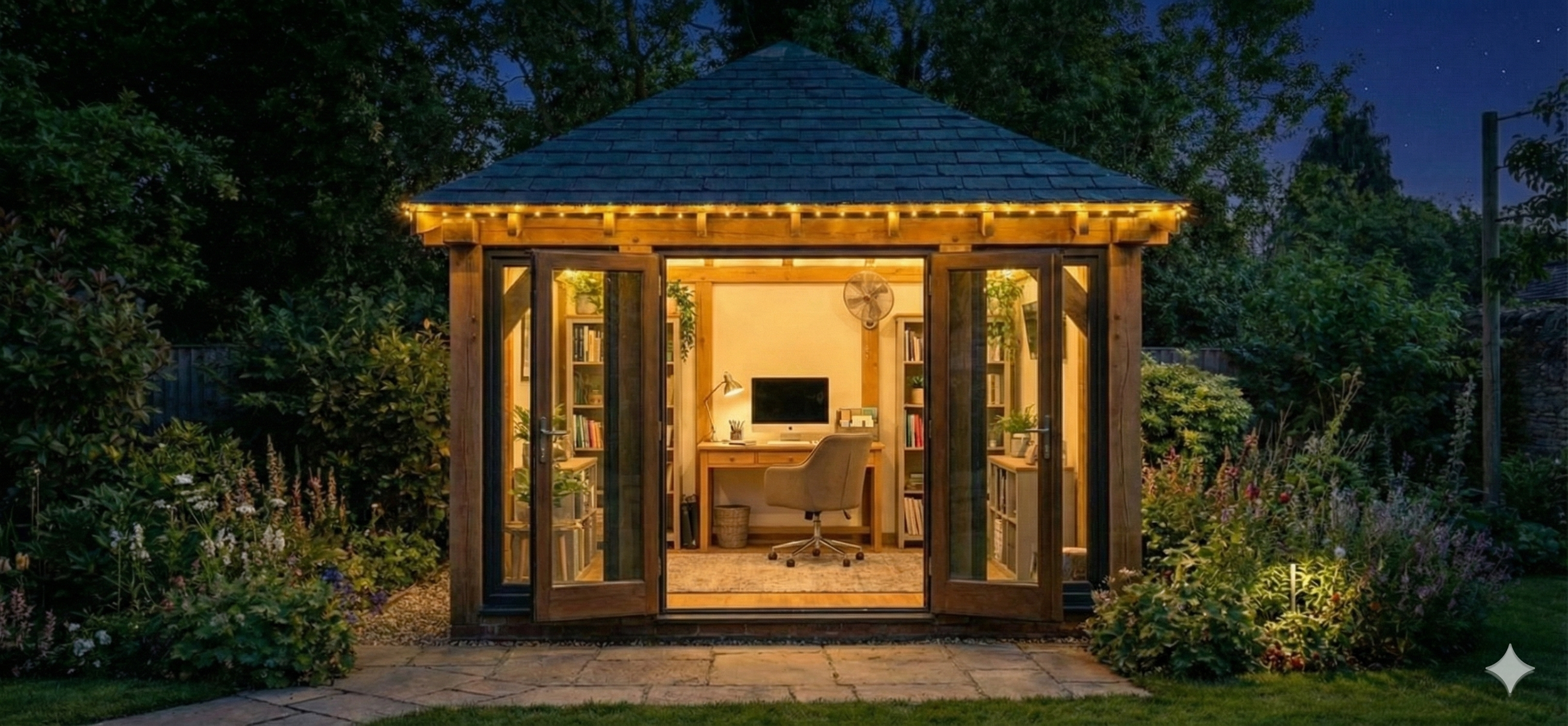 A cozy backyard garden shed with open glass doors, warm interior lighting, and a home office setup, surrounded by lush plants and flowers at night.