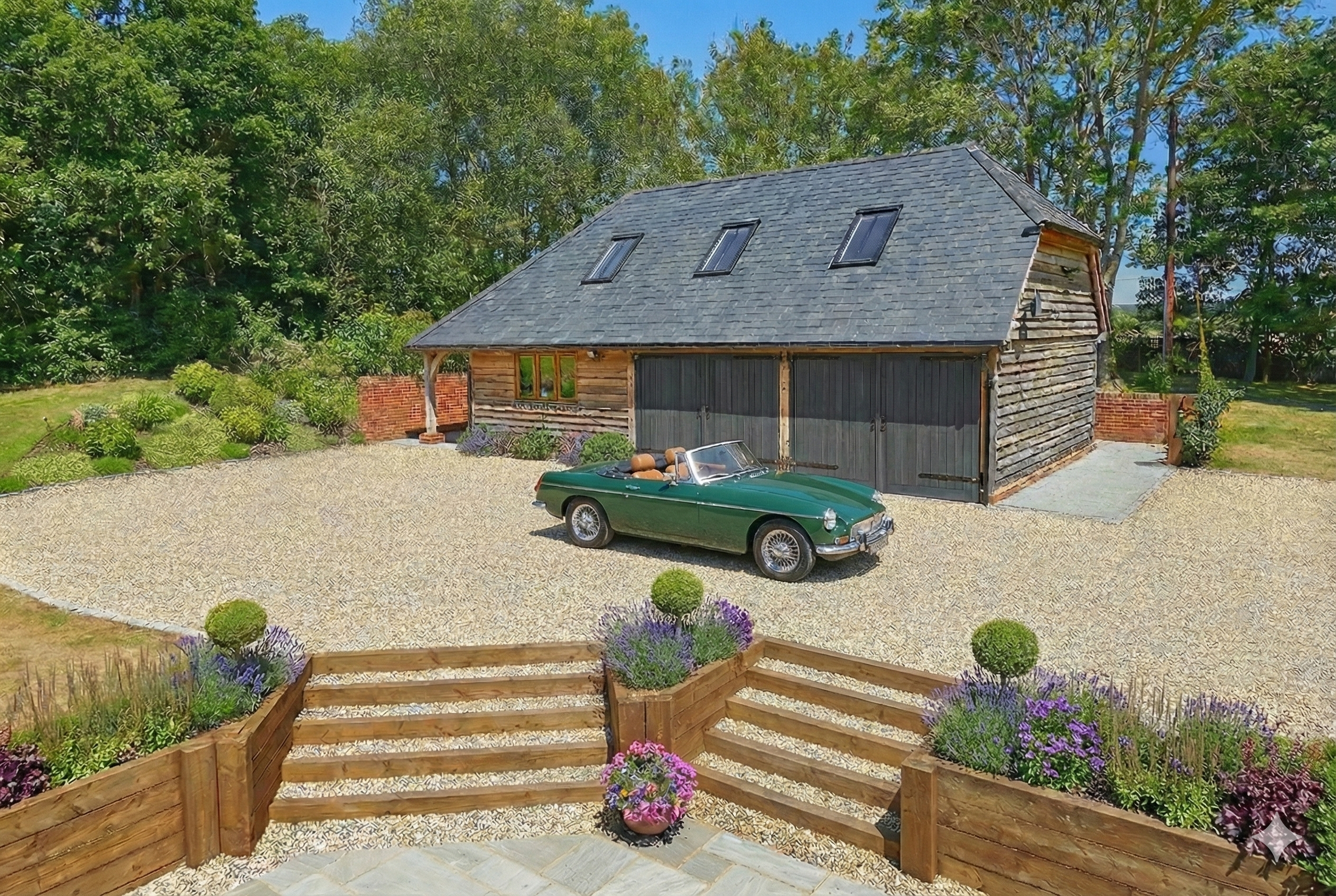 Bespoke oak garage with a room above, ideal for a guest suite or home office in rural Somerset.
