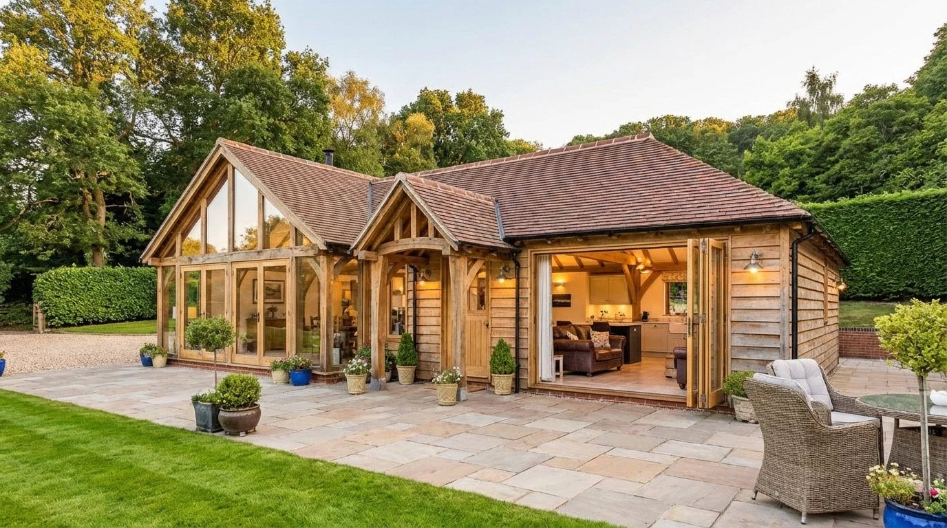 A rustic oak annexe with a red tile roof, open patio area with outdoor furniture, a fire pit, and a small fenced yard, during daytime.