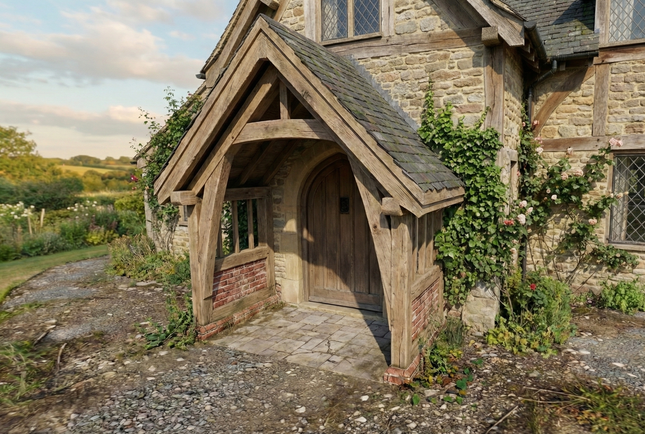 A stone cottage with a wooden arched entrance porch, surrounded by lush greenery and flowering plants, under a partly cloudy sky.