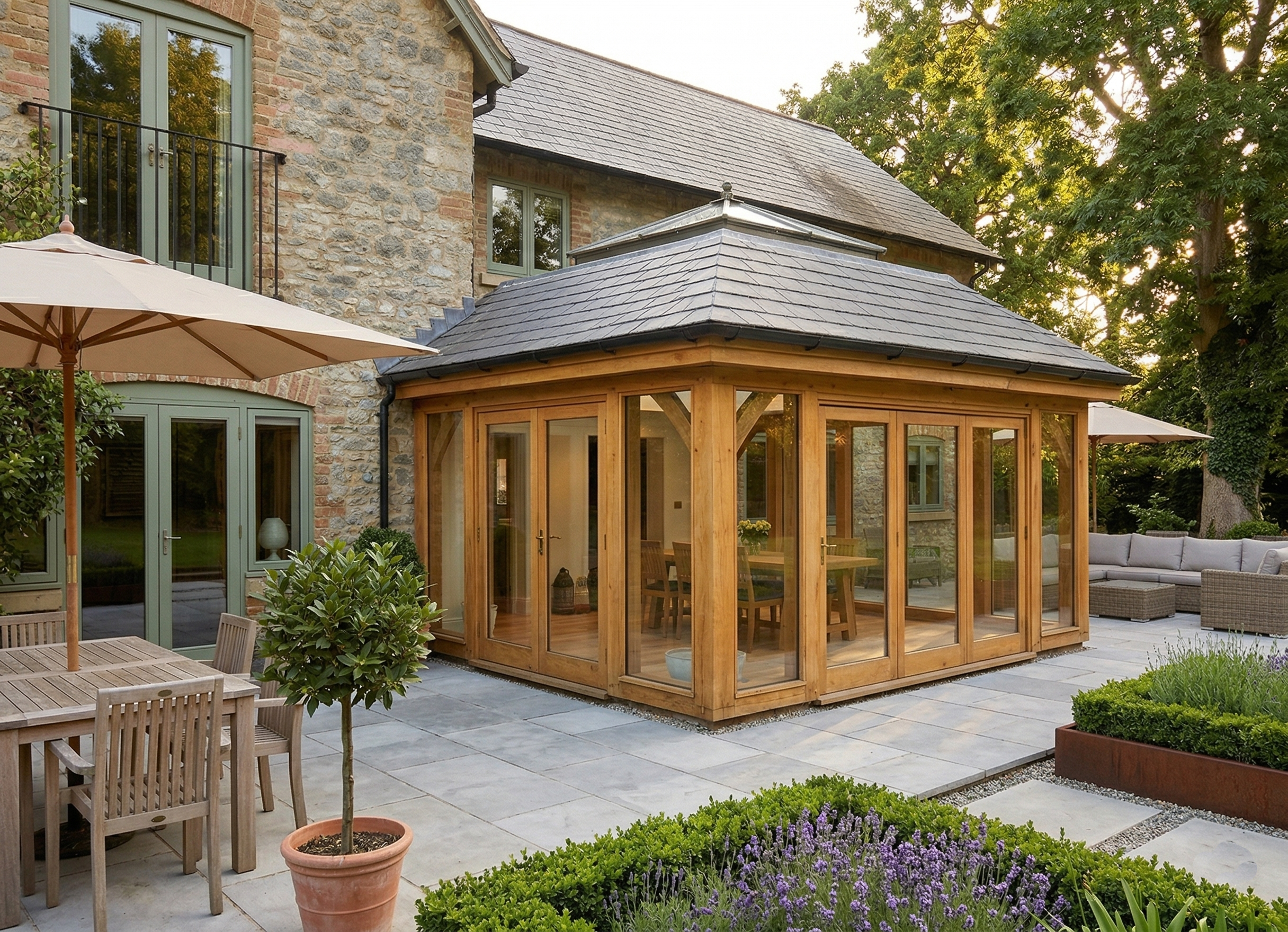 A backyard patio with a wooden and glass sunroom extension, outdoor furniture, and lush landscaping.