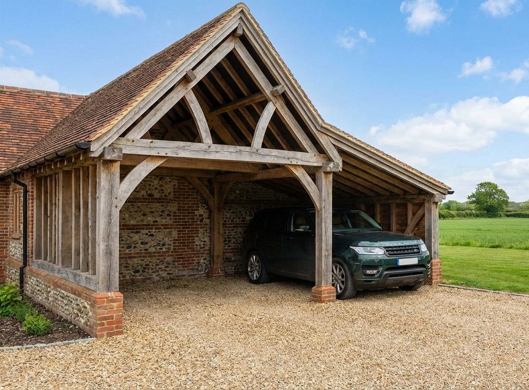 A black SUV parked in a rustic open garage with wooden beams and brick walls, in a rural setting with green fields and a blue sky.