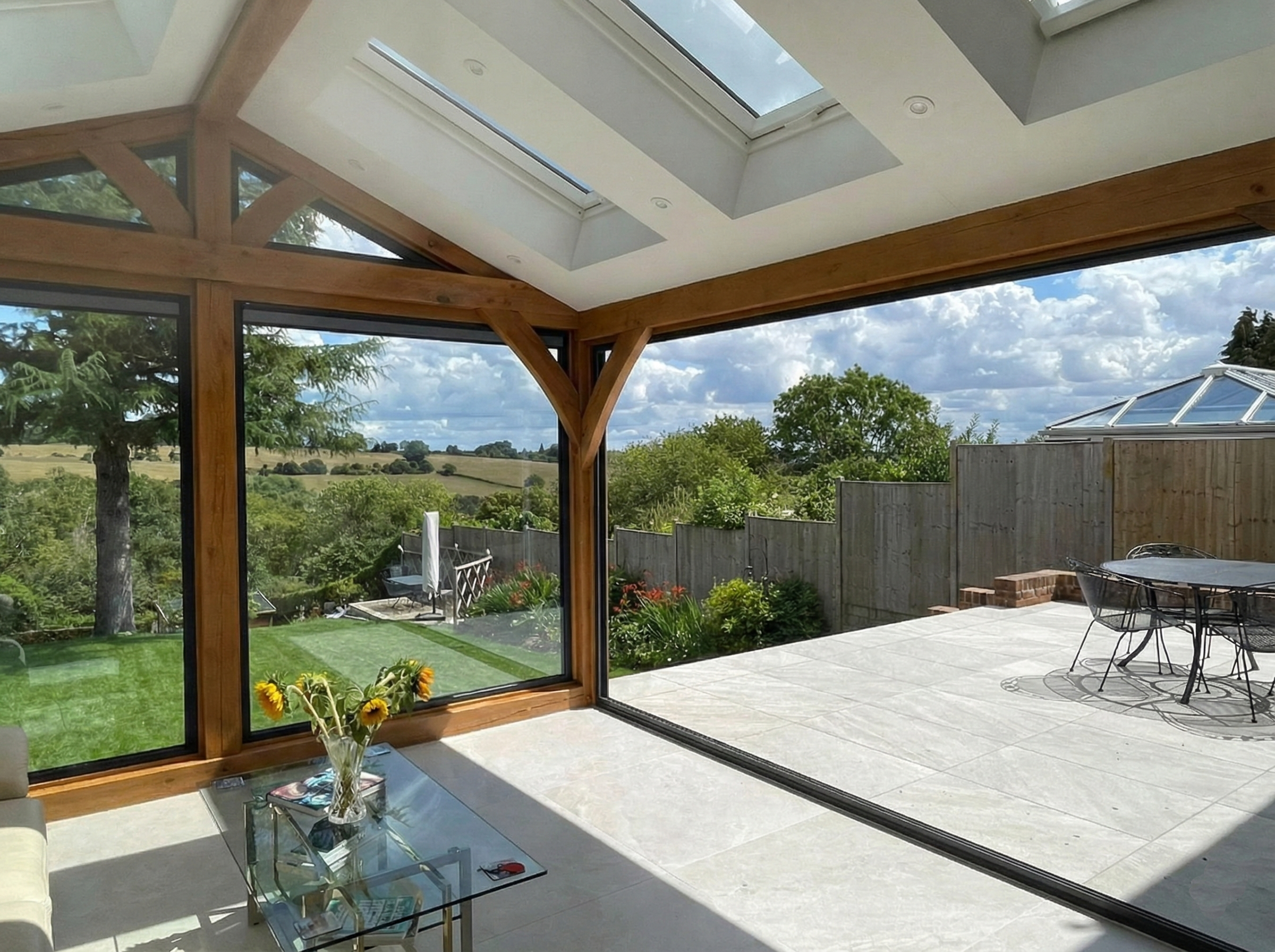 An open plan oak extension with lovely rural views