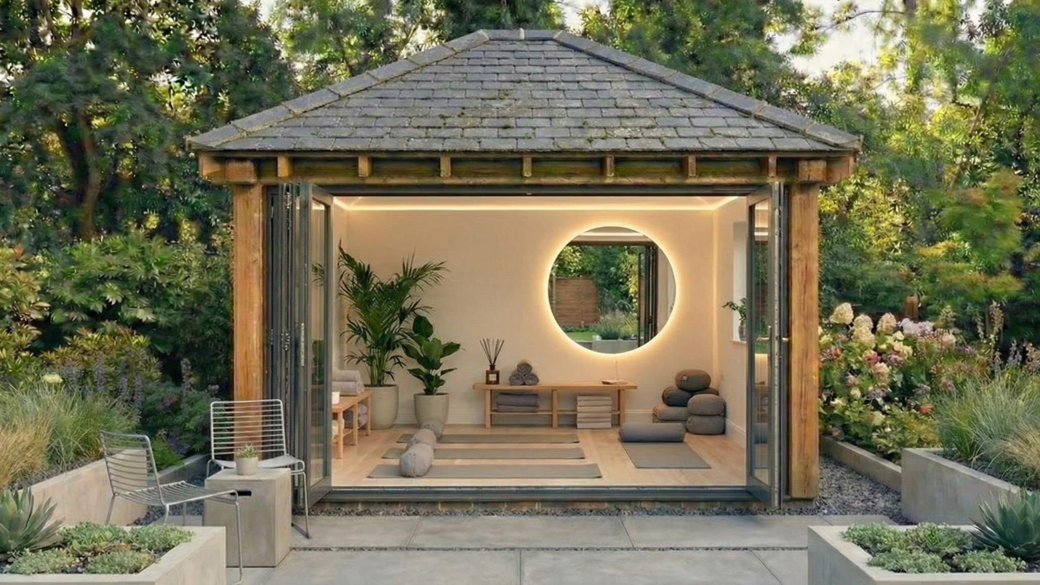 A modern, small wooden garden shed with large glass doors open to reveal a yoga or meditation room inside. The interior features a circular mirror with LED lighting, potted plants, yoga mats or cushions, and a wooden bench. The shed is surrounded by lush green plants and flowers.
