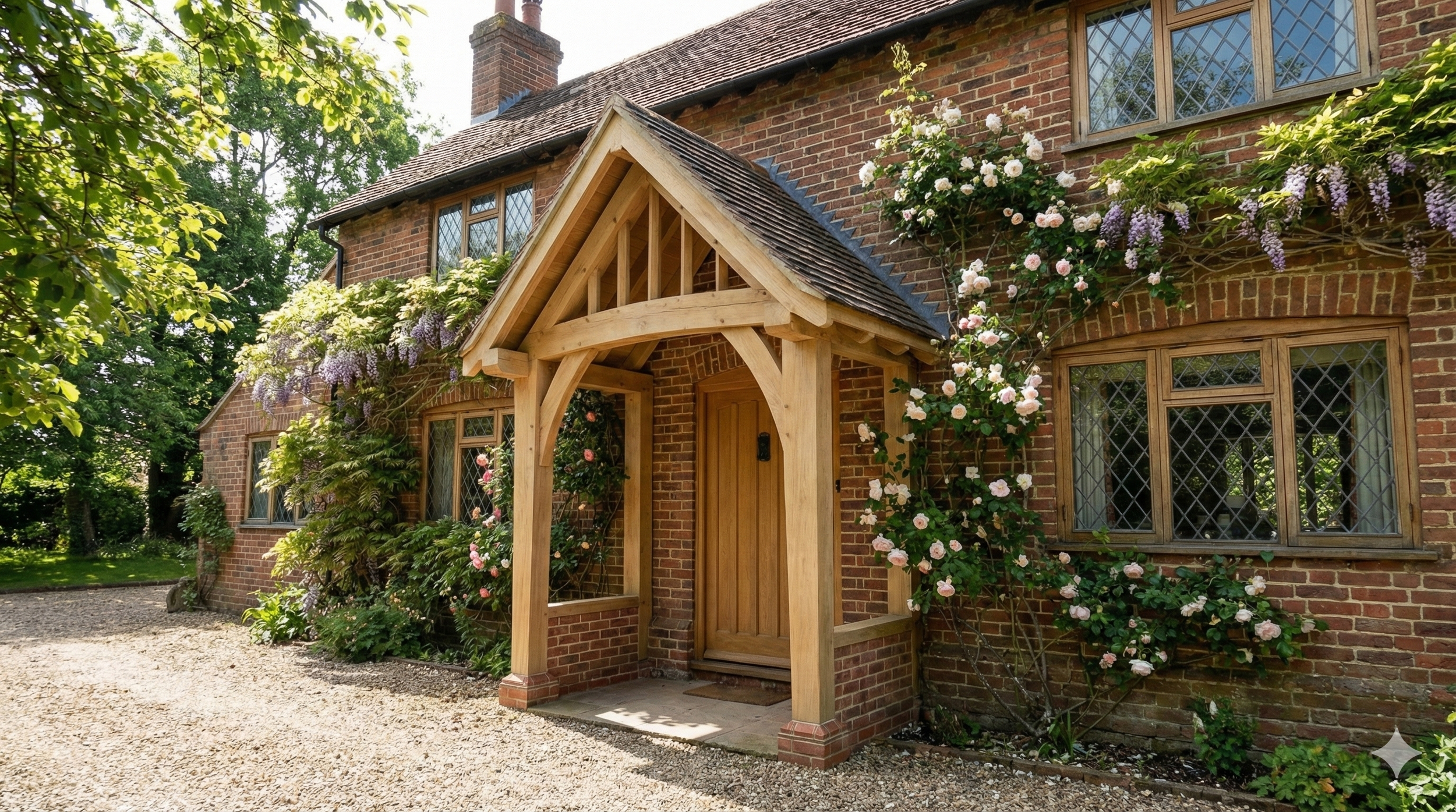 Exterior brick house with wooden porch and window frames, surrounded by flowering climbing plants and green trees.