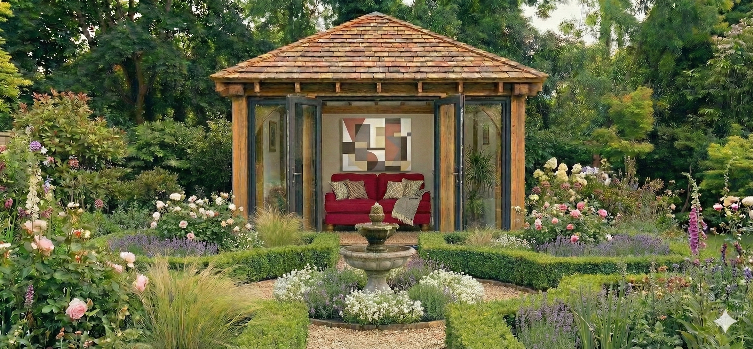 A garden with a small wooden gazebo, red sofa inside, surrounded by colorful flowers, and a stone fountain in front.