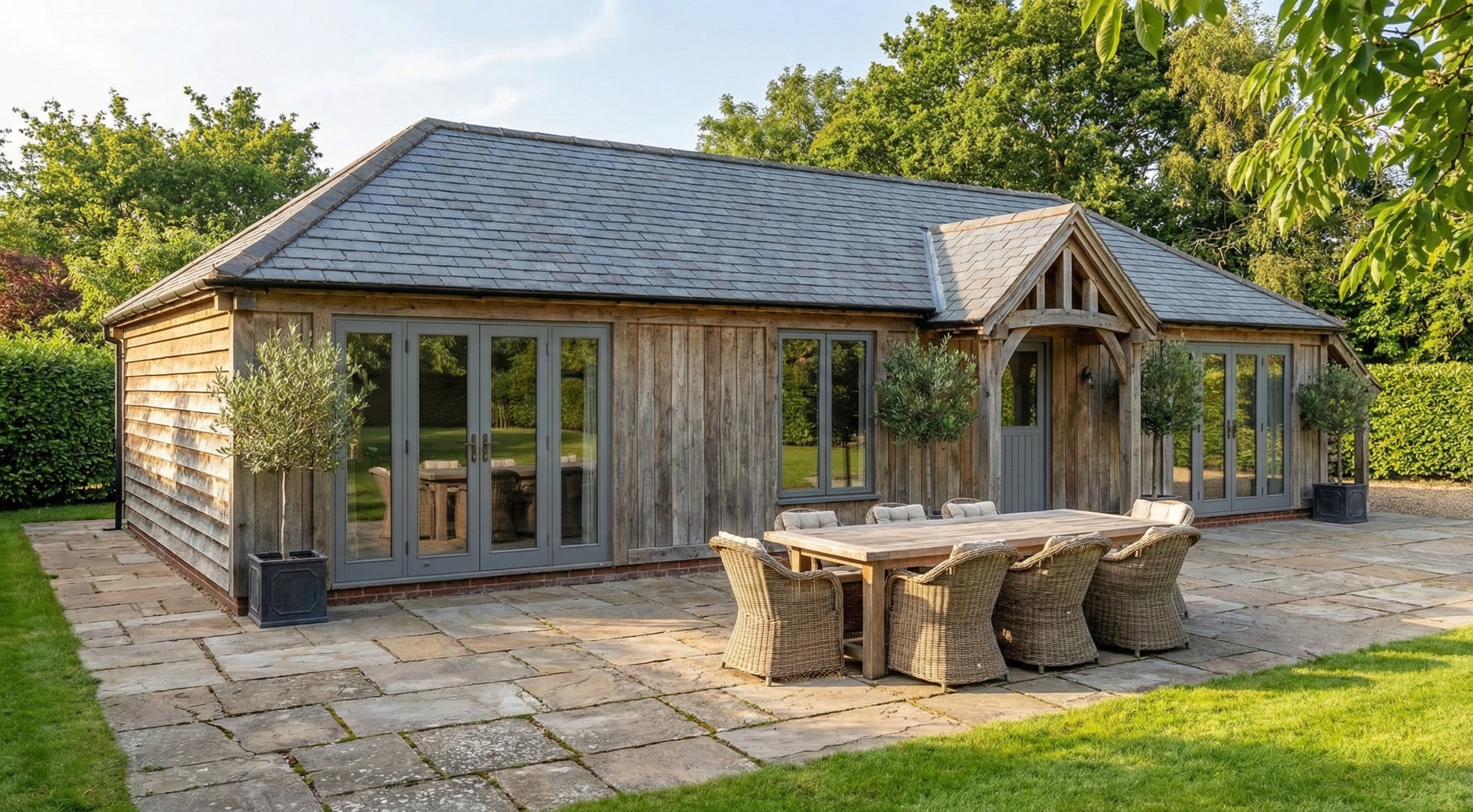 Exterior of a luxury oak annexe living room showing the vaulted ceiling and exposed handcrafted timber beams