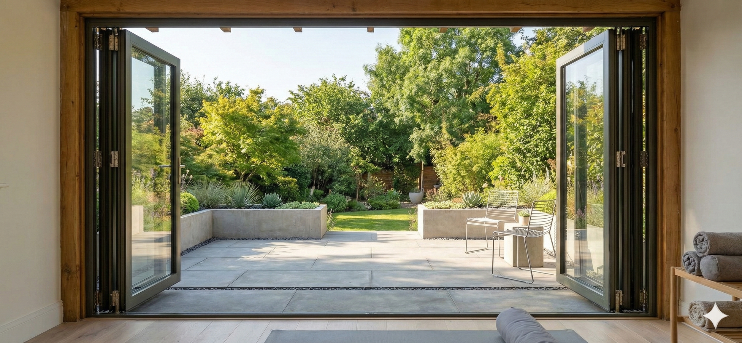Open sliding glass doors leading to a lush green garden with trees, shrubs, and outdoor seating.