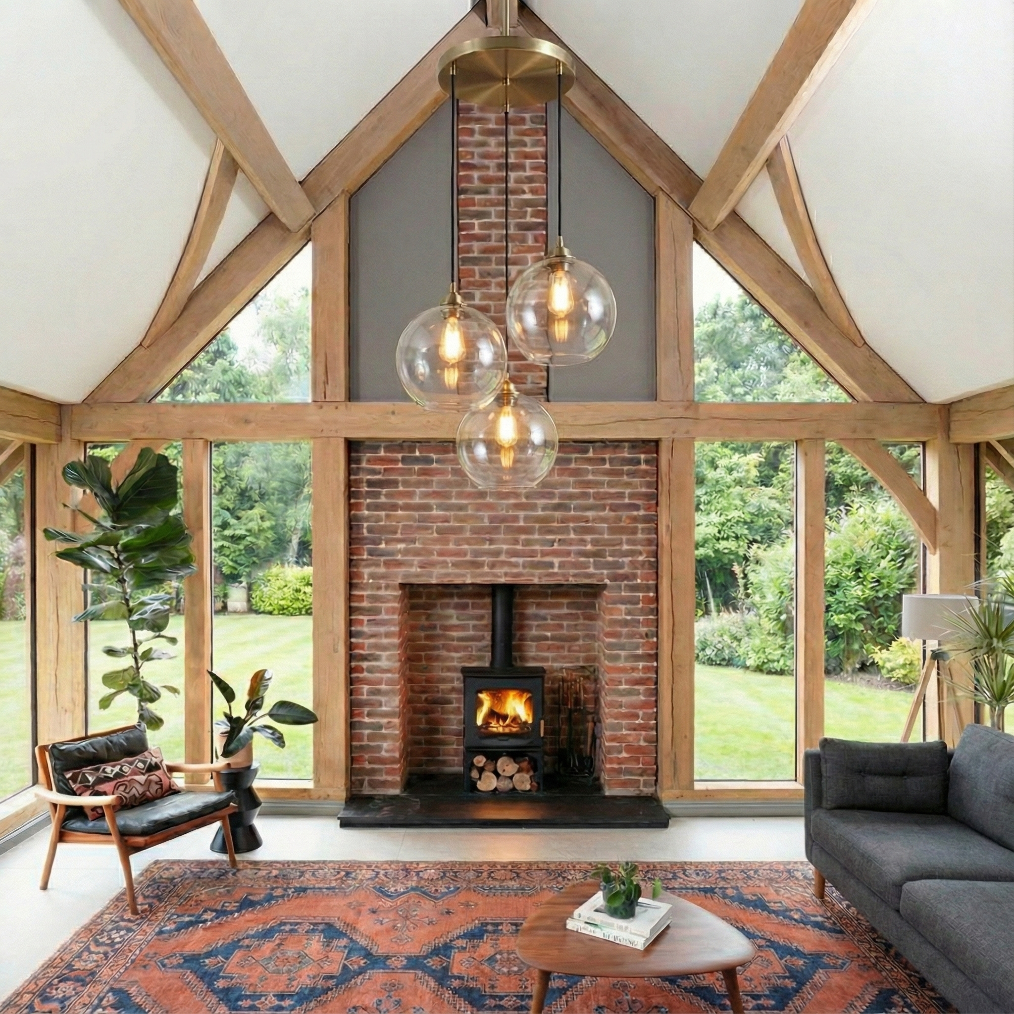 A handcrafted oak fireplace mantel within a bespoke timber framed house in Devon.