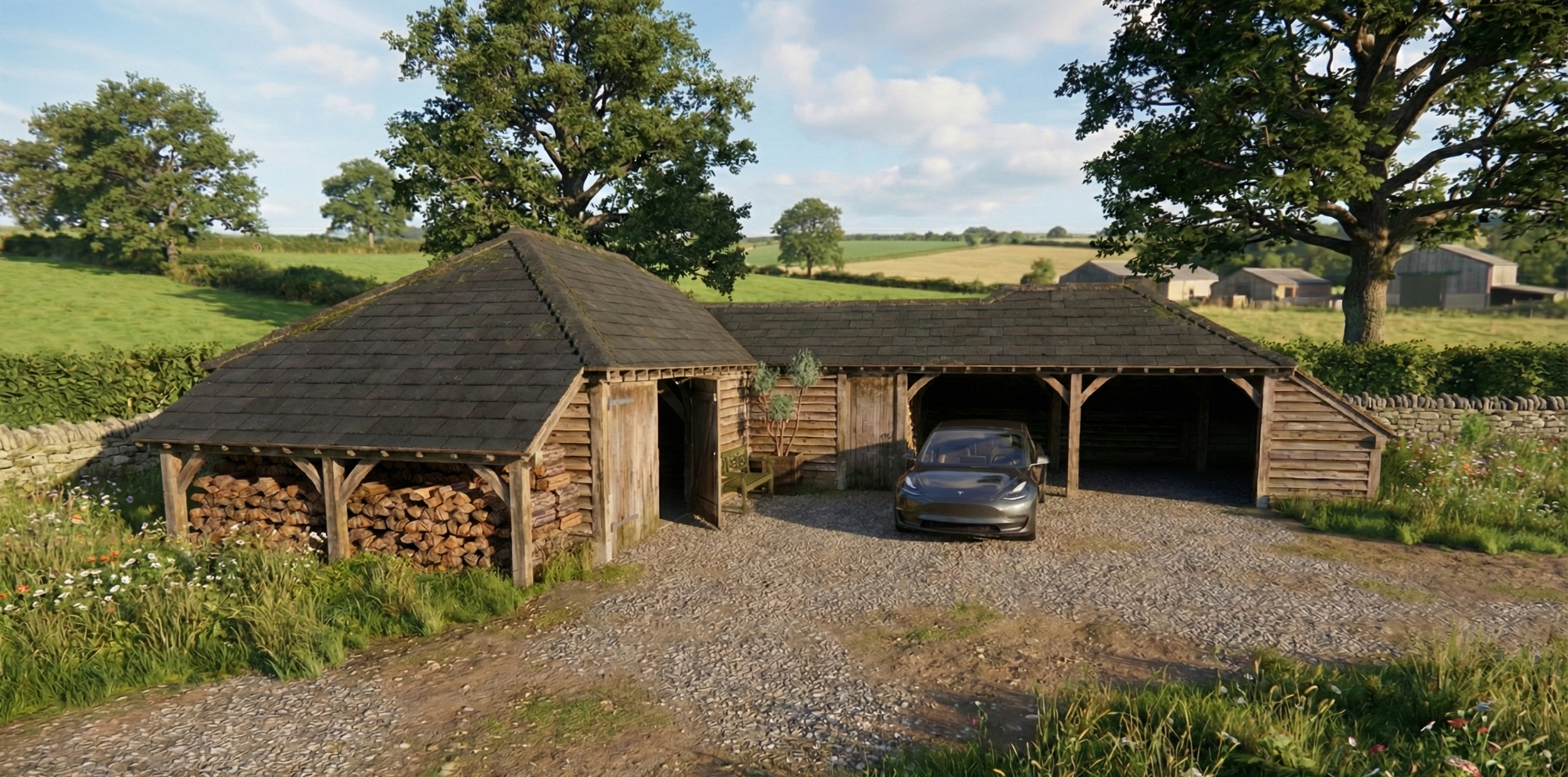 Bespoke oak-framed garden building with an upstairs balcony overlooking a farm.