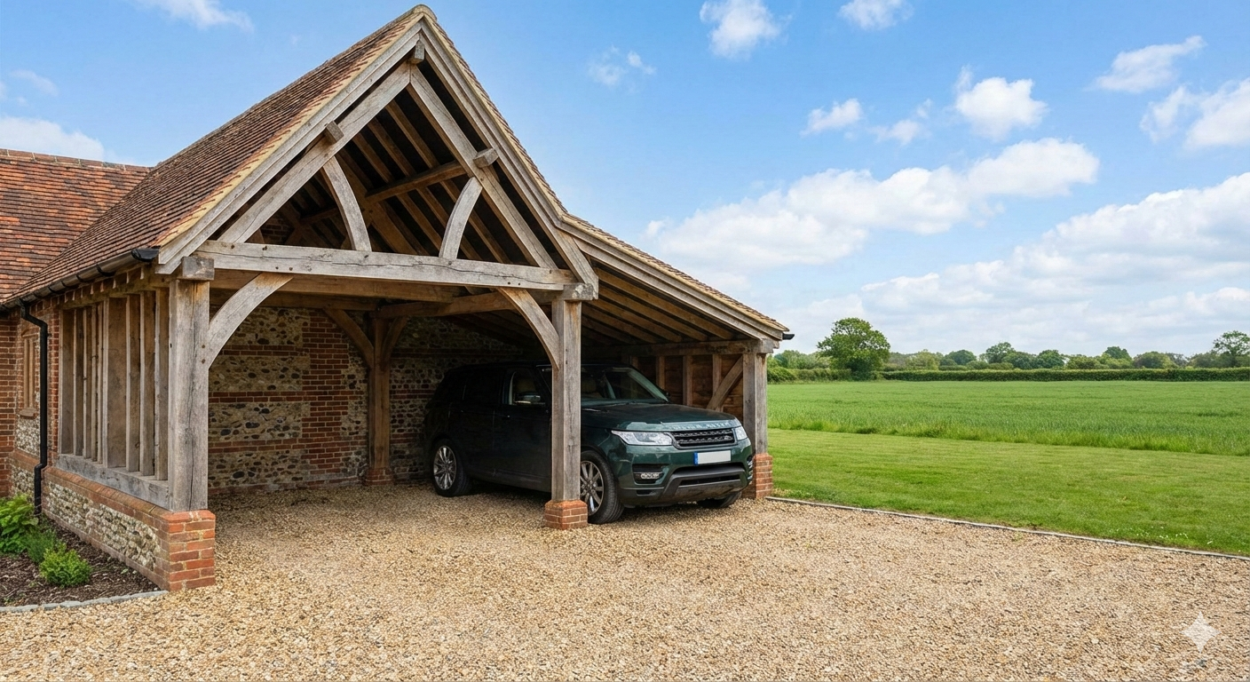 A single-storey bespoke oak garage designed to suit a property on the edge of Dartmoor, Devon