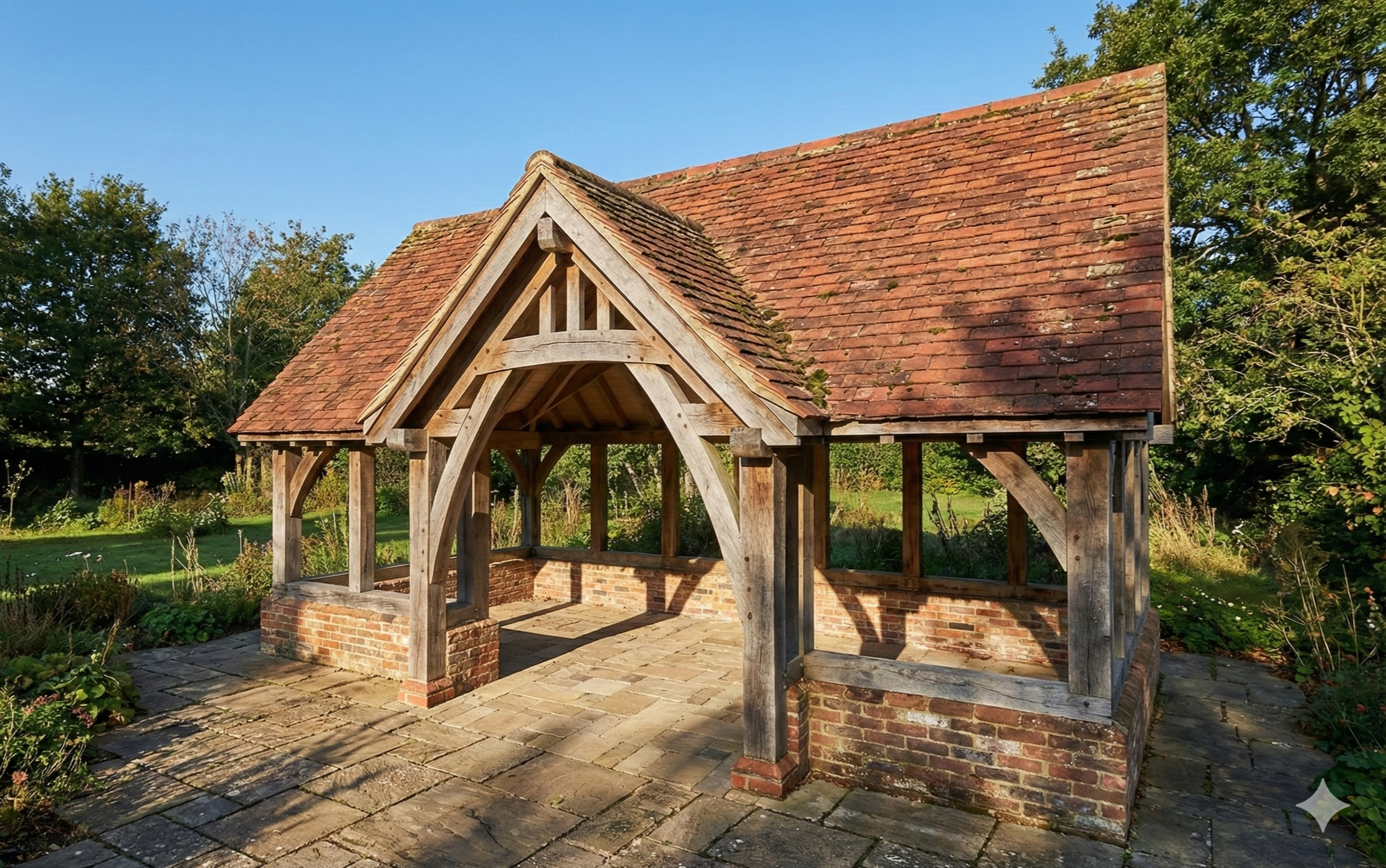 An old brick well house with a wooden roof and posts, surrounded by a paved stone patio and green garden with trees under a clear blue sky.