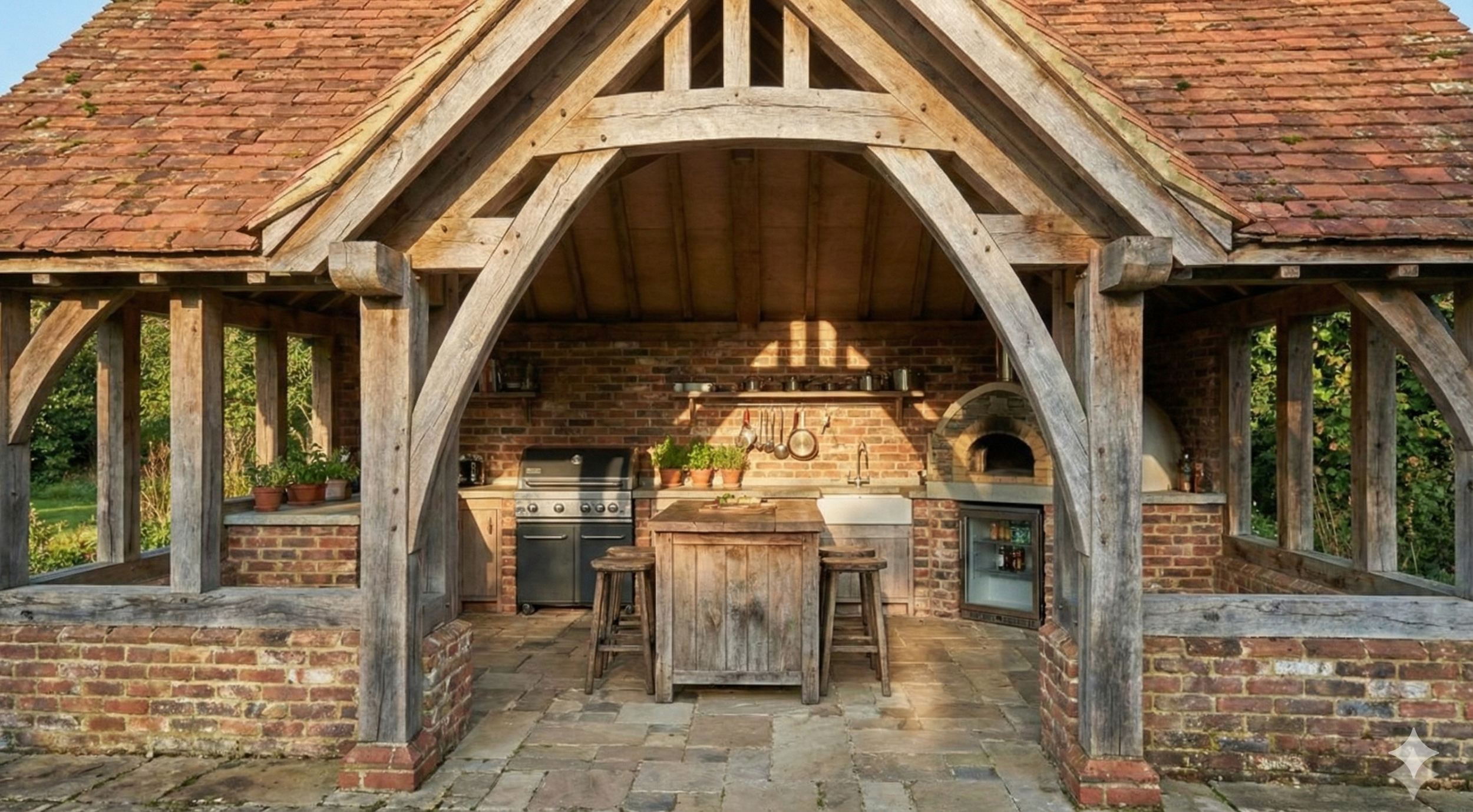 Outdoor kitchen with brick walls, wooden beams, metal appliances, and potted plants, under a gabled roof with brick tiles.