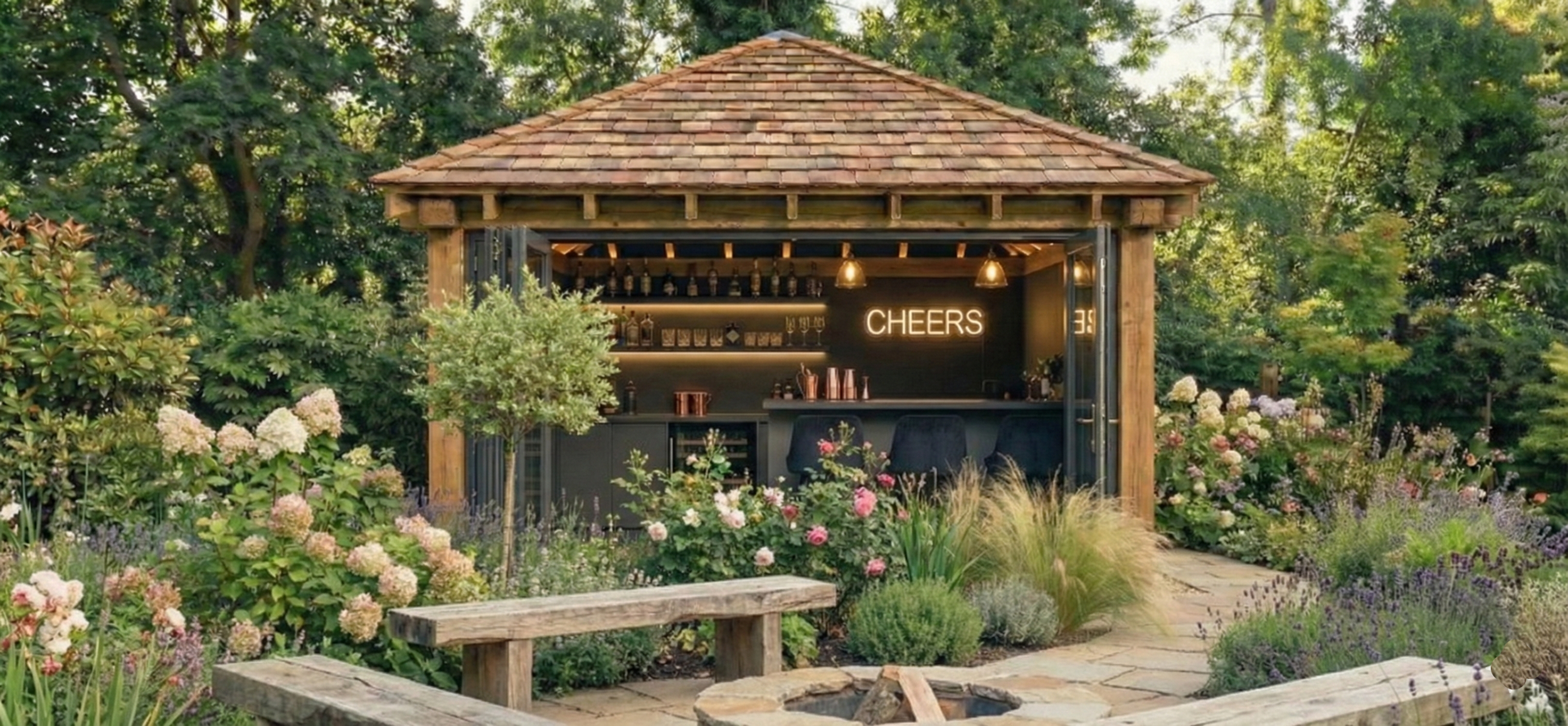 A custom oak garden retreat configured as an outdoor bar with a shingled roof and warm lighting.