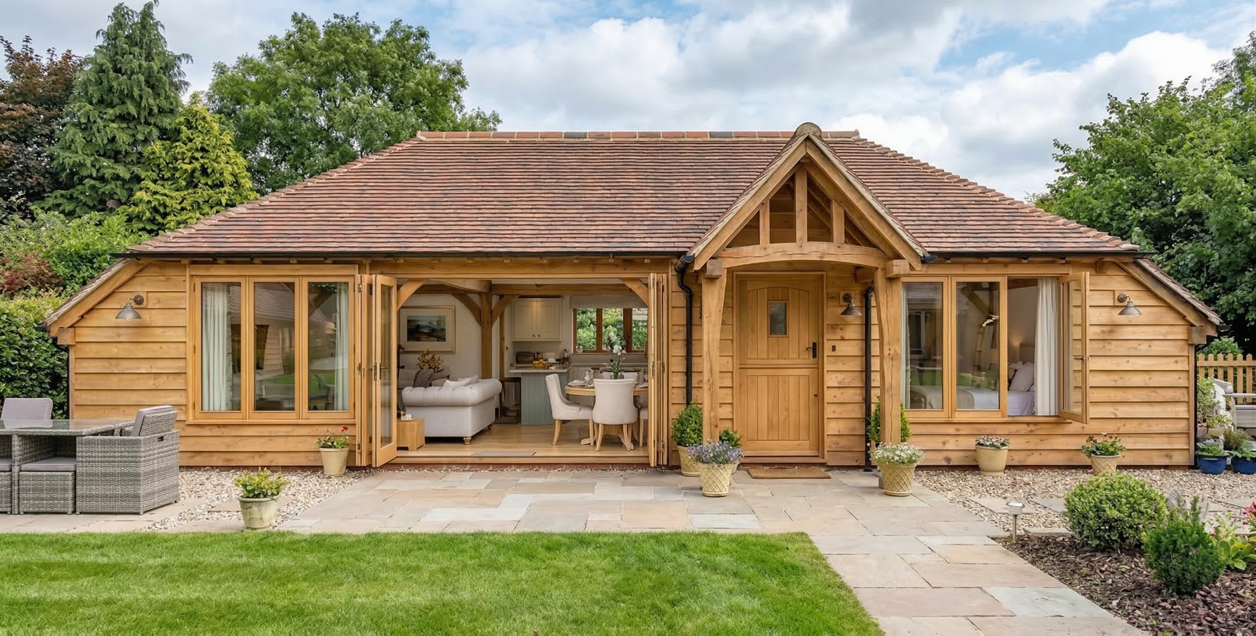 Luxury oak annexe in a garden setting, designed for guest accommodation or multi-generational living