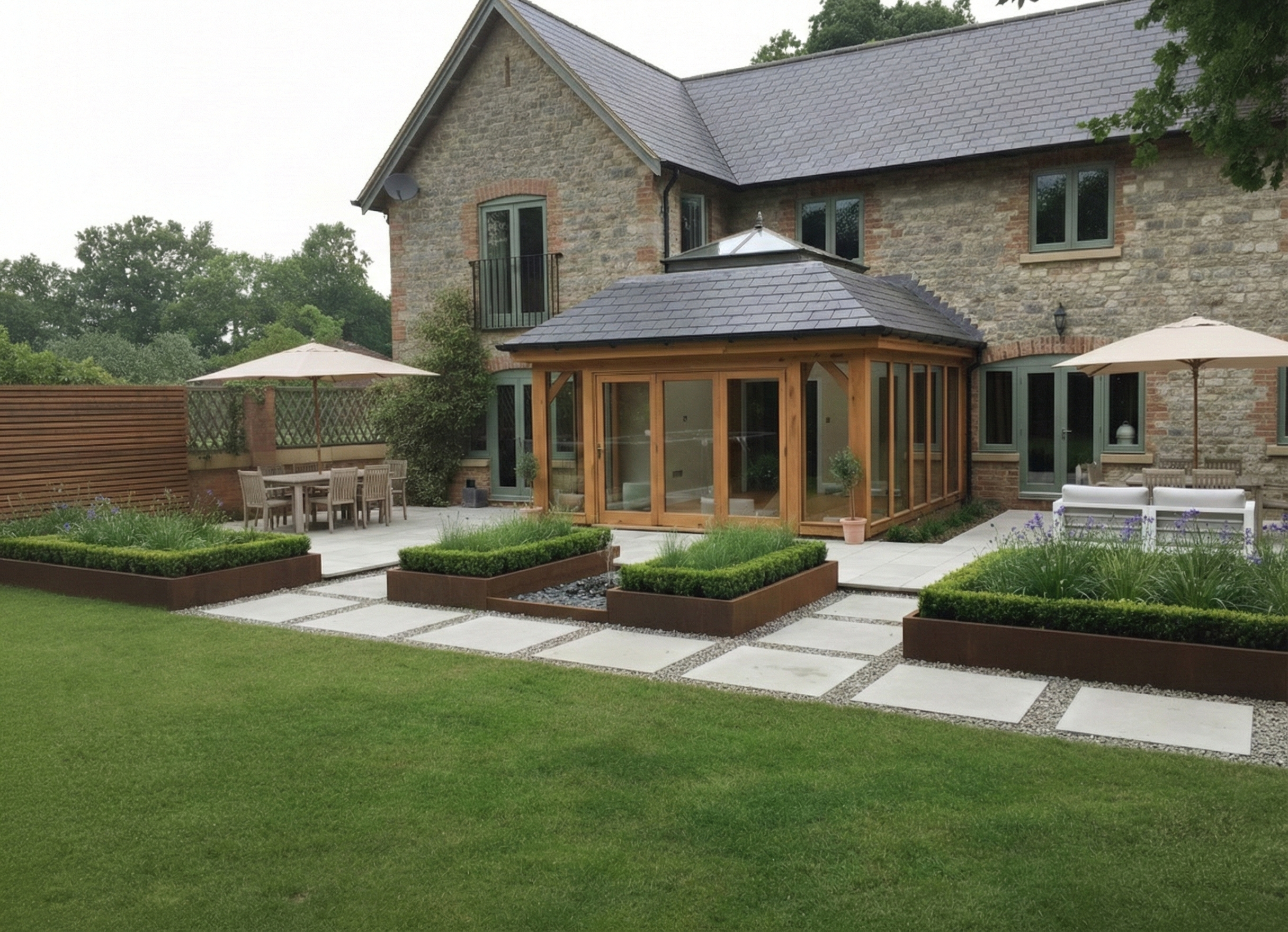 A luxury bespoke oak orangery extension on the outskirts of Taunton, featuring traditional timber framing.