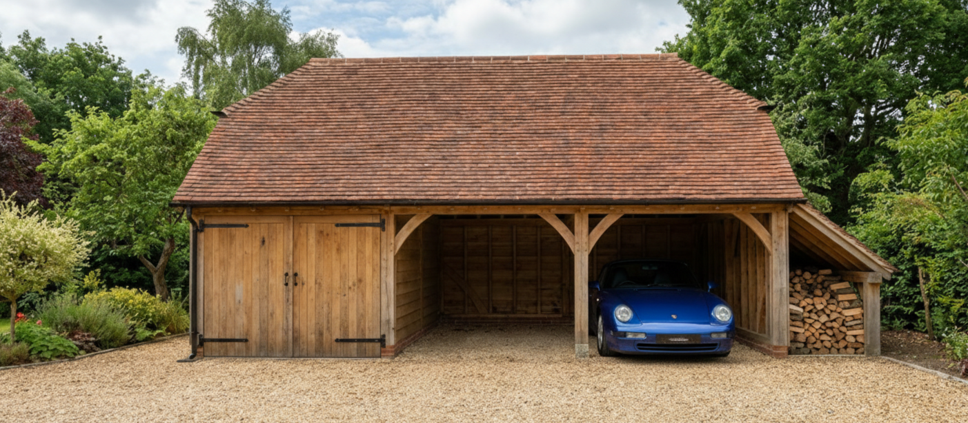 Bespoke three-bay oak framed garage with an integrated side log store and pitched roof.