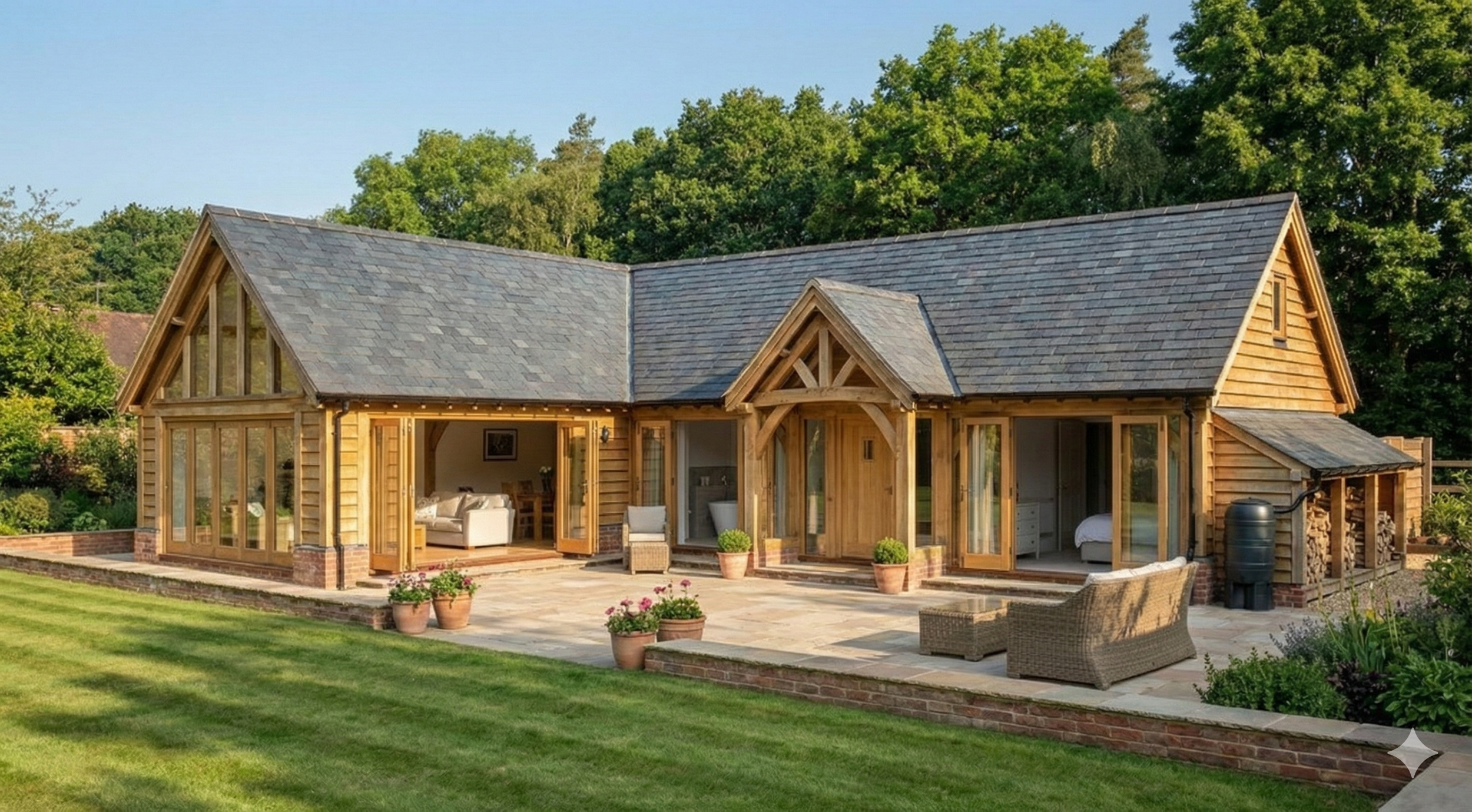 A large wooden house with a sloped shingle roof, multiple glass-paneled doors, and a spacious stone patio with potted plants, outdoor furniture, and a landscaped garden, surrounded by green trees.