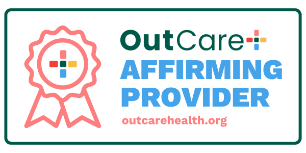 Outcare affirming provider badge that links to Meghan Morrison's outcare provider profile at outcarehealth.org.  It means Resting Squirrel in Merrimack is an outcare affirming provider.