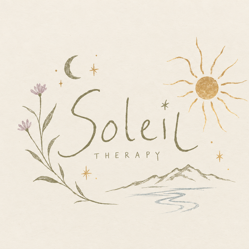 Illustration with a mountain, river, sun, moon, stars, and flowers, featuring the text 'Soleil Therapy' in a handwritten style.