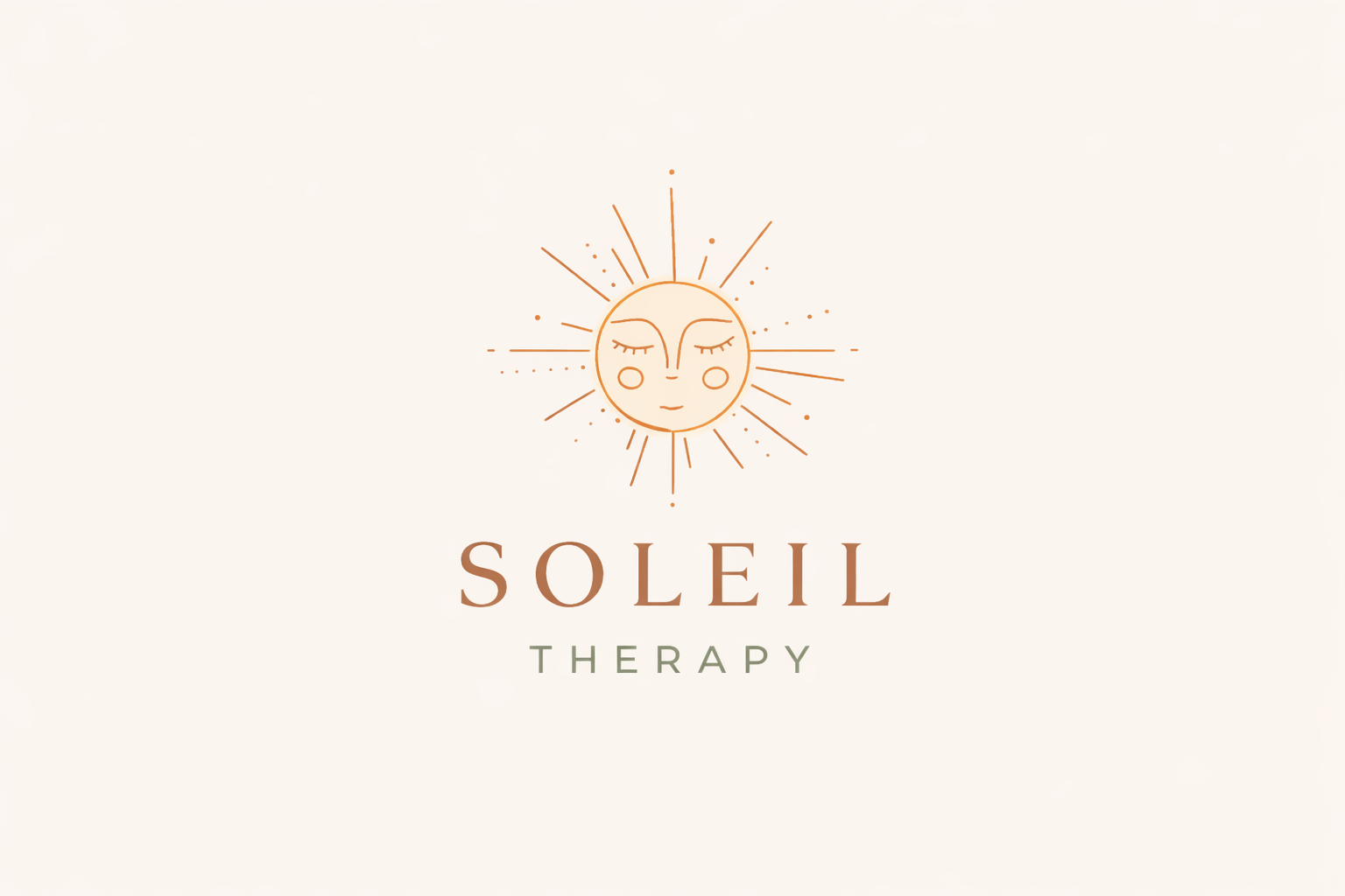 Minimalist logo featuring a stylized sun with a smiling face, closed eyes, and radiating lines, accompanied by the words 'SOLEIL' in large brown letters and 'THERAPY' in smaller green letters underneath.