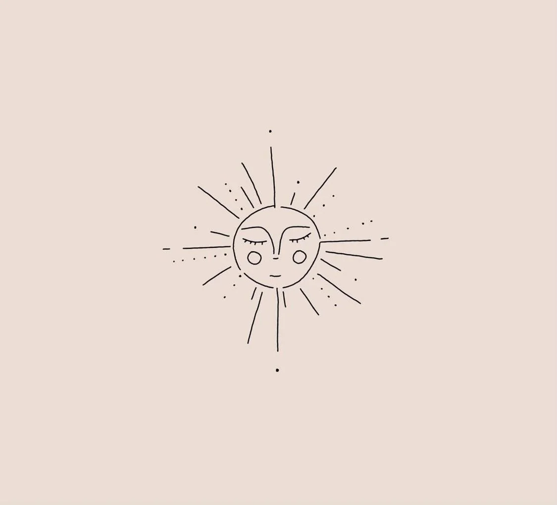 A minimalist line drawing of a sun with a face, surrounded by rays and small dots, on a light beige background.