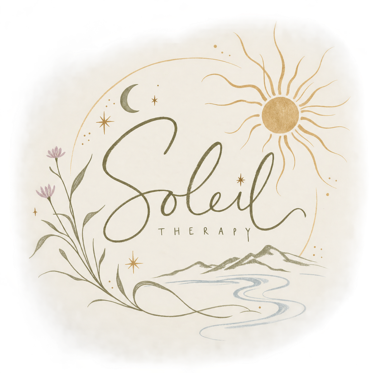 Design with a golden sun, crescent moon, stars, mountain range, and flowing river, with the words "Soul Therapy" in cursive.