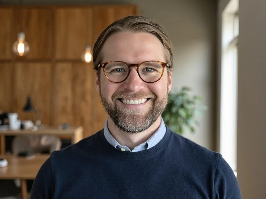 A smiling man with glasses and a beard in a well-lit room with wooden paneling and a large window.