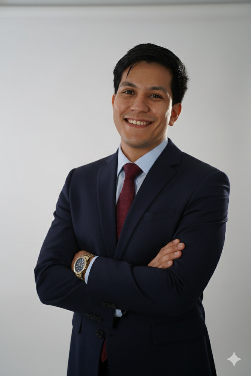 Un joven vestido con traje oscuro, camisa azul claro y corbata roja, sonriendo con los brazos cruzados, delante de un fondo blanco liso.