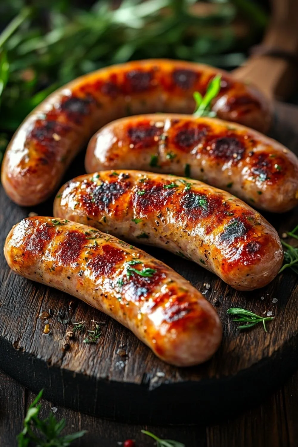 Close-up of grilled sausages garnished with herbs on a wooden serving board with greenery in the background.