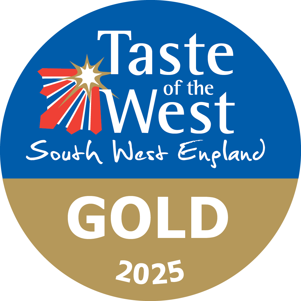 Logo for the 2025 Taste of the West South West England event, featuring a blue and gold circular design with a fireworks graphic and text indicating it is a gold award.