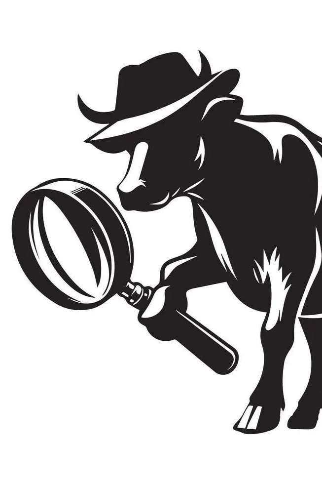 Black and white illustration of a dog wearing a fedora hat, holding a magnifying glass.