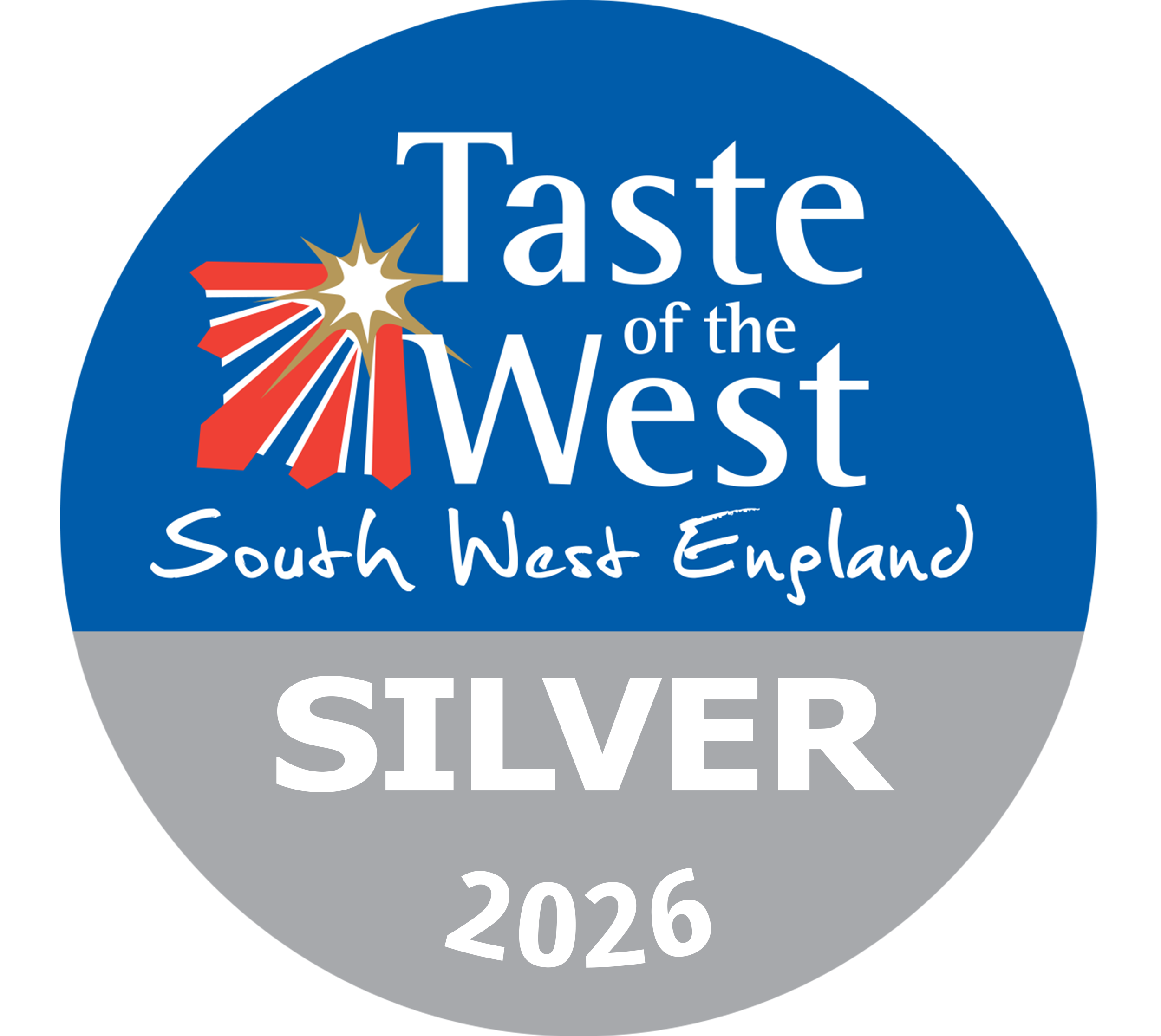 A graphic logo for the Taste of the West South West England competition, featuring a starburst design with red, white, blue, and gold colors, and text indicating the 2026 event.