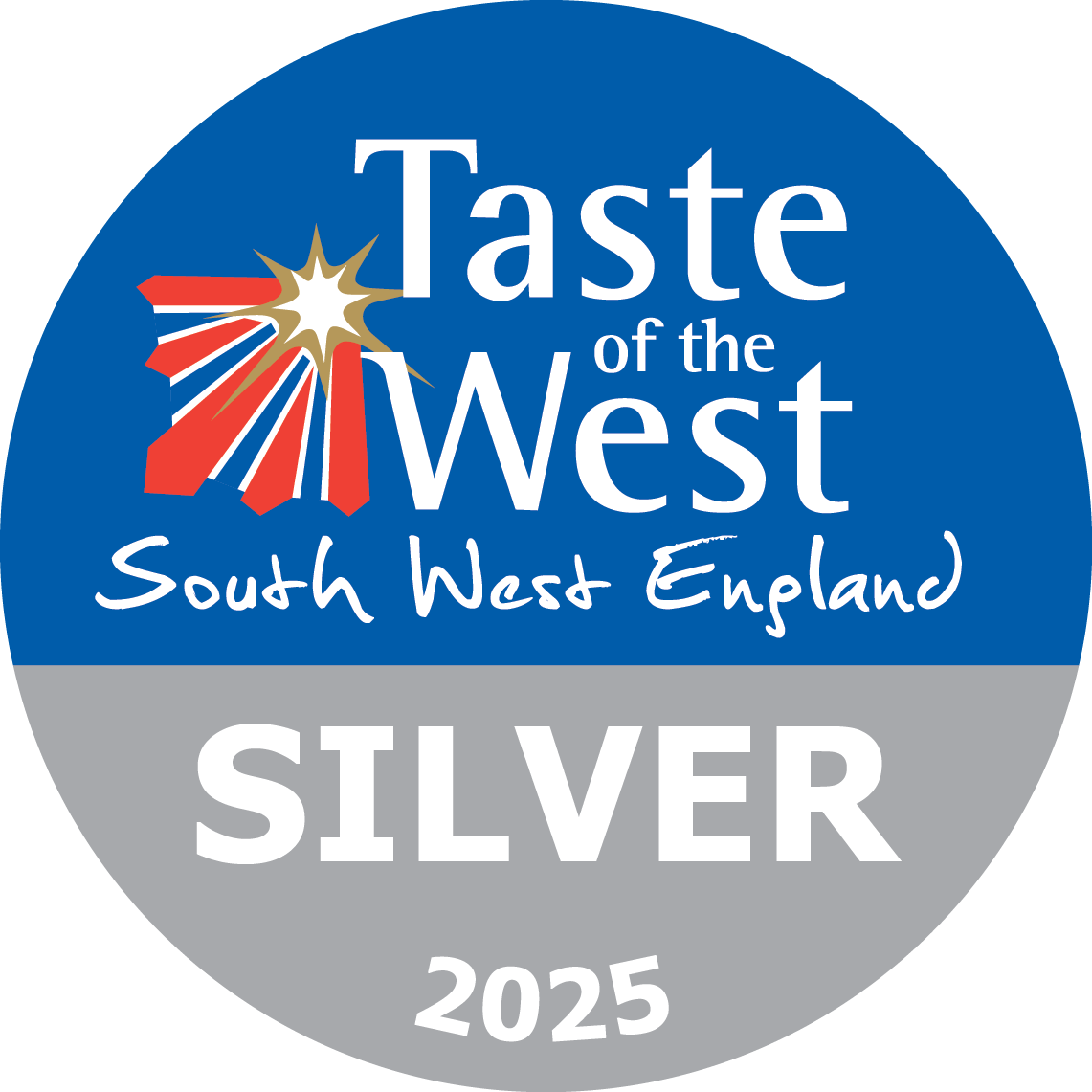 Circular award badge for the Taste of the West South West England Silver 2025 competition featuring a city skyline, a starburst, and text.