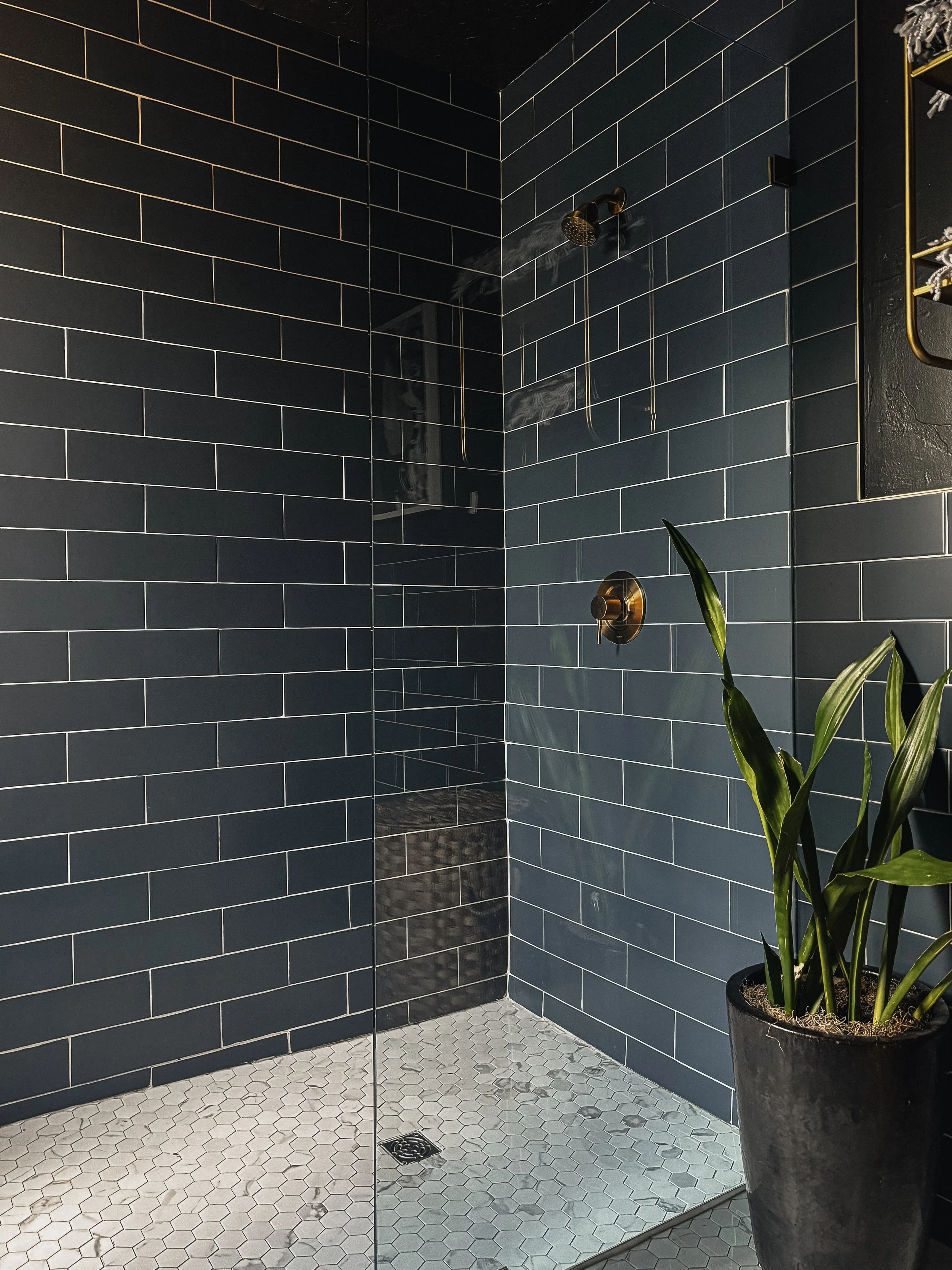 Walk-in shower at the West Temple residence with dark rectangular tile, brass fixtures, and potted greenery.