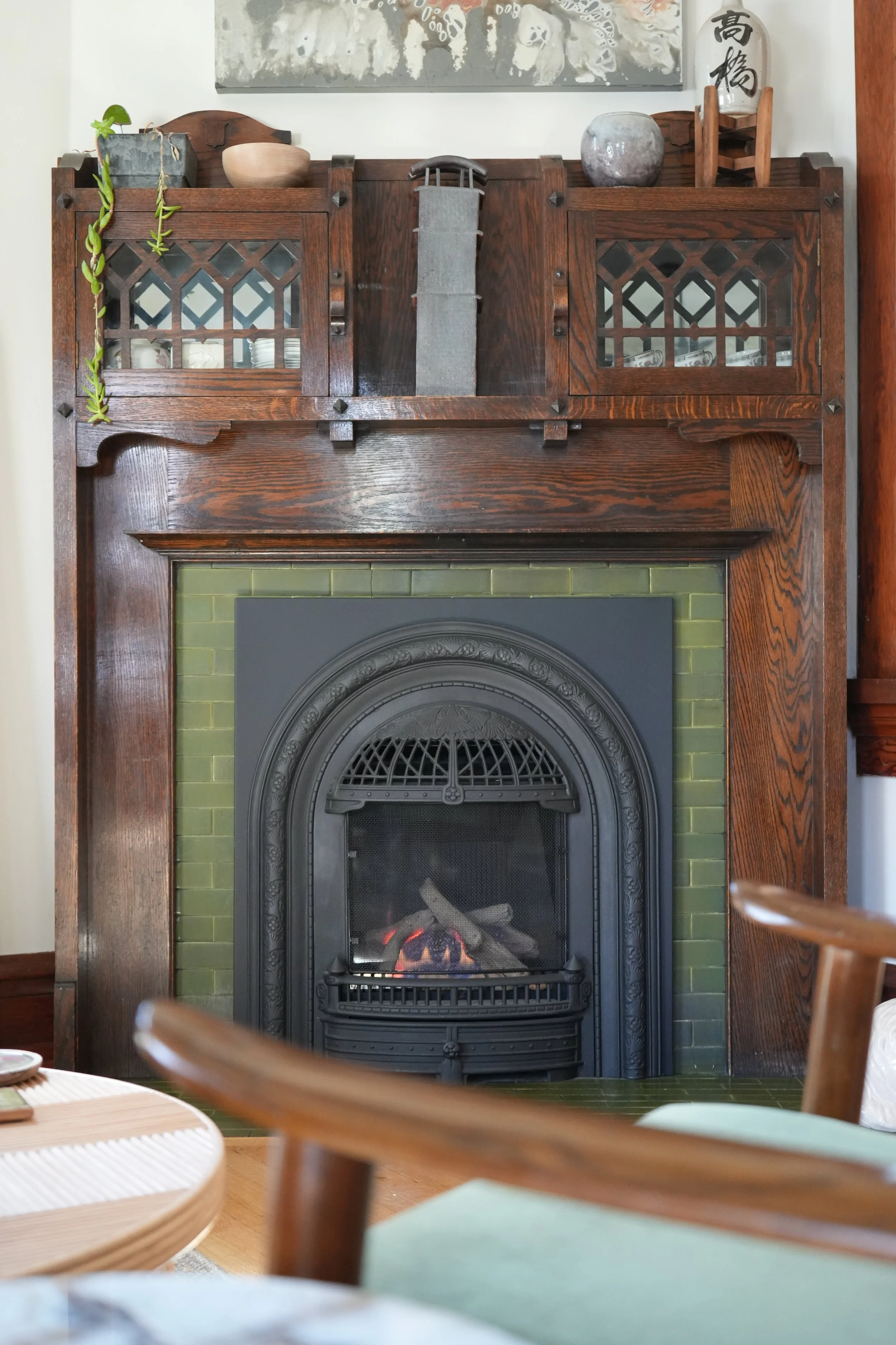 Fireplace and surrounding architectural details at the 930 South residence in Salt Lake City.