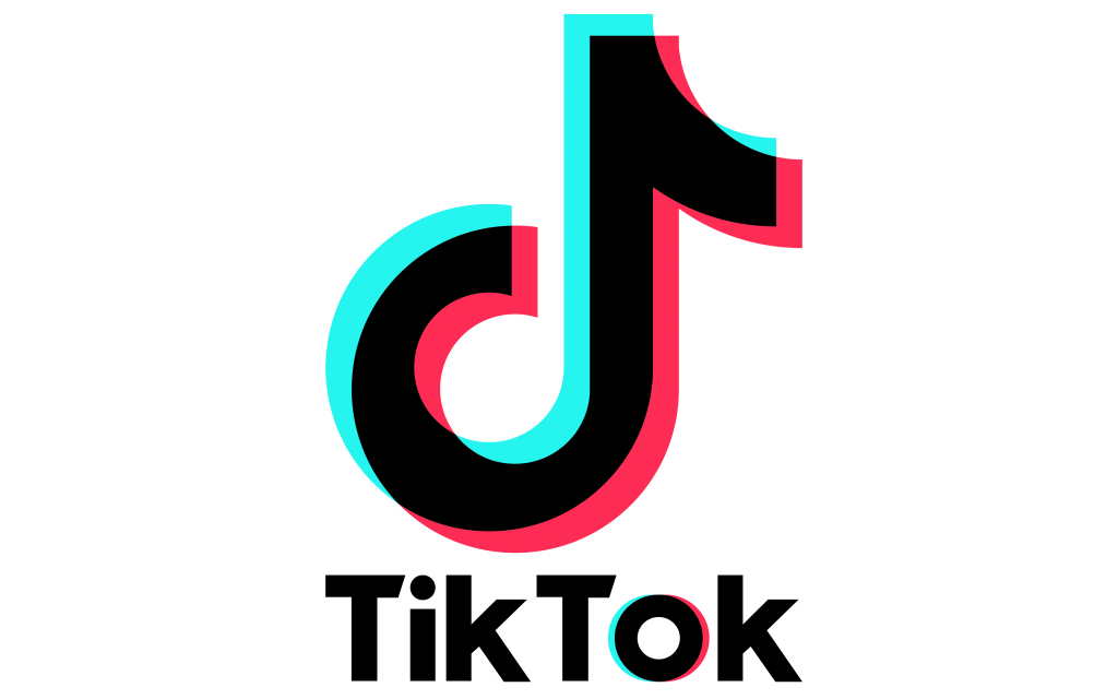 Stylized TikTok logo with a black background and neon blue and pink accents.
