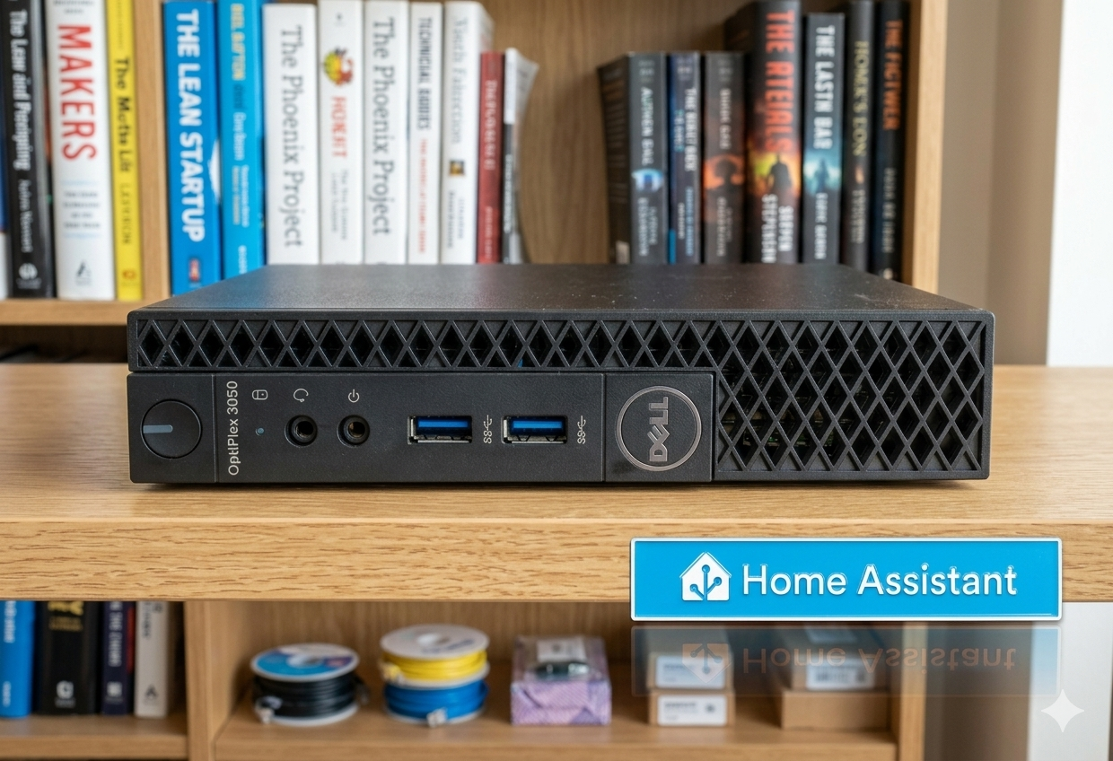 A Dell OptiPlex 3050 desktop computer on a wooden shelf in front of a bookshelf filled with books.