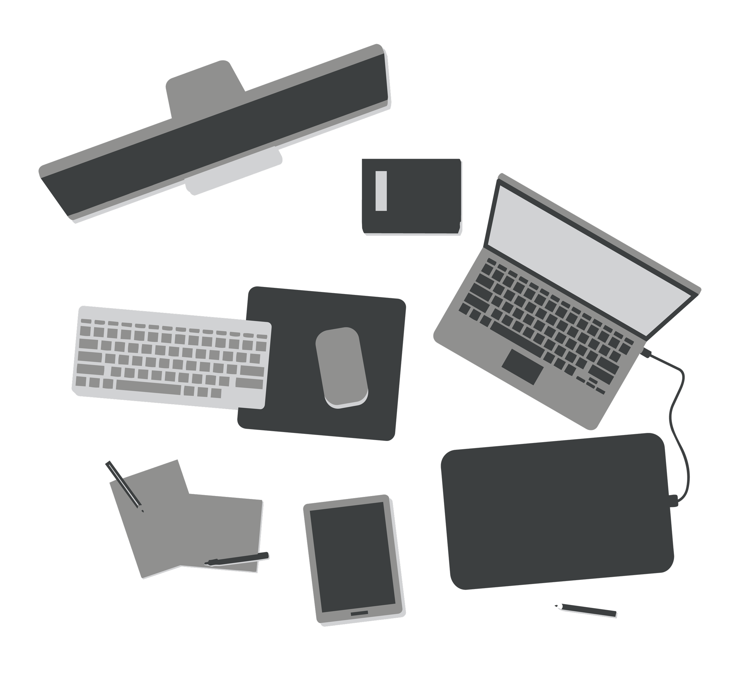 Overhead view of multiple electronic devices including laptops, keyboards, a smartphone, a tablet, and a stylus placed on a black background.