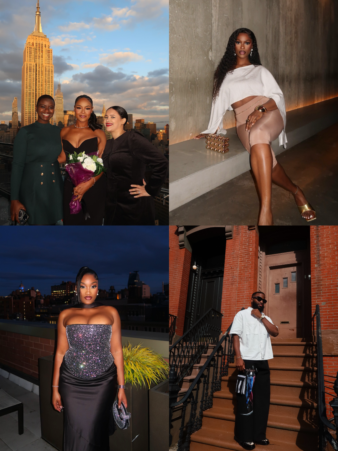 Collage of four fashion and lifestyle photos featuring stylish individuals in urban settings, including a city skyline, a woman posing indoors, a woman at night outdoors, and a man standing on stairs outside.